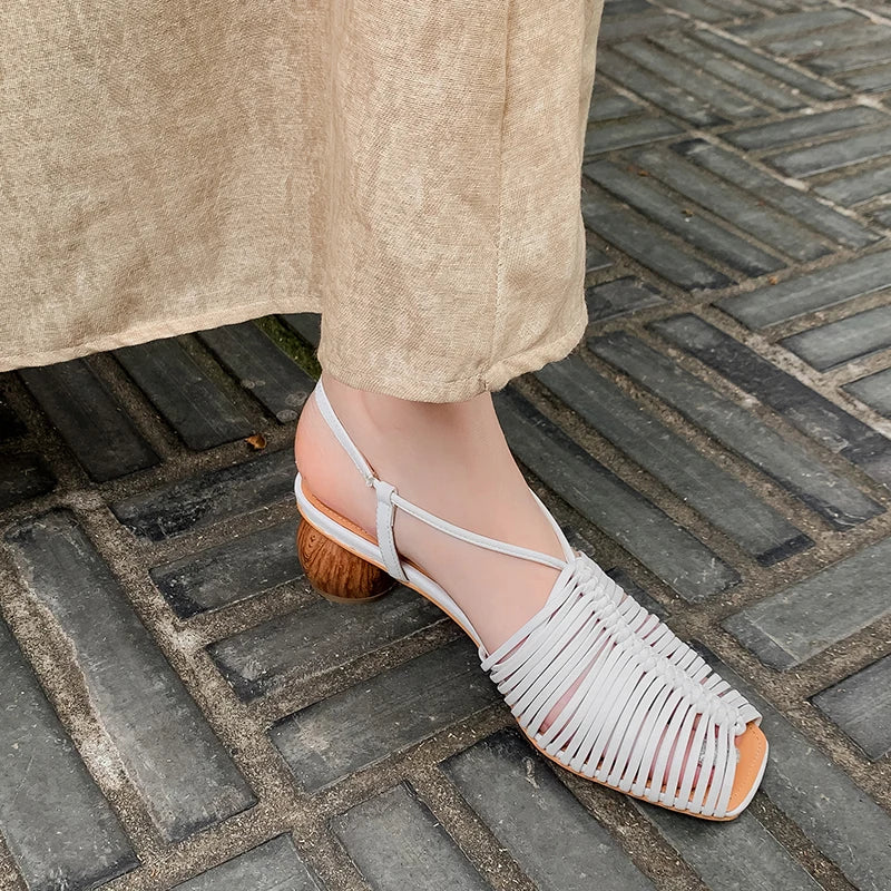 Women Sandals Sweet High Heels Fashion Genuine Leather Ankle Strap Narrow Band Office Party Shoes Woman New Women Sandals