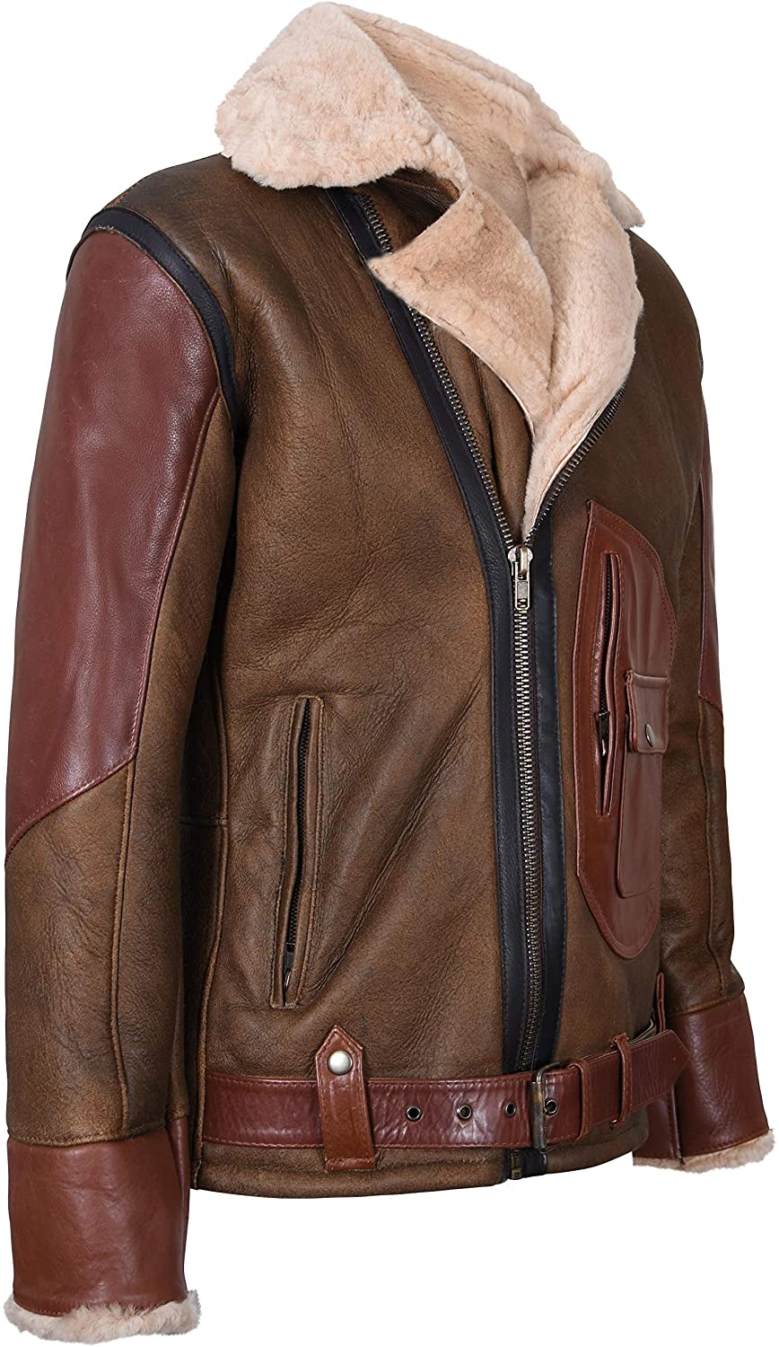 Men’s Brown Crossover B3 Sheepskin Aviator Flying Leather Biker Jacket