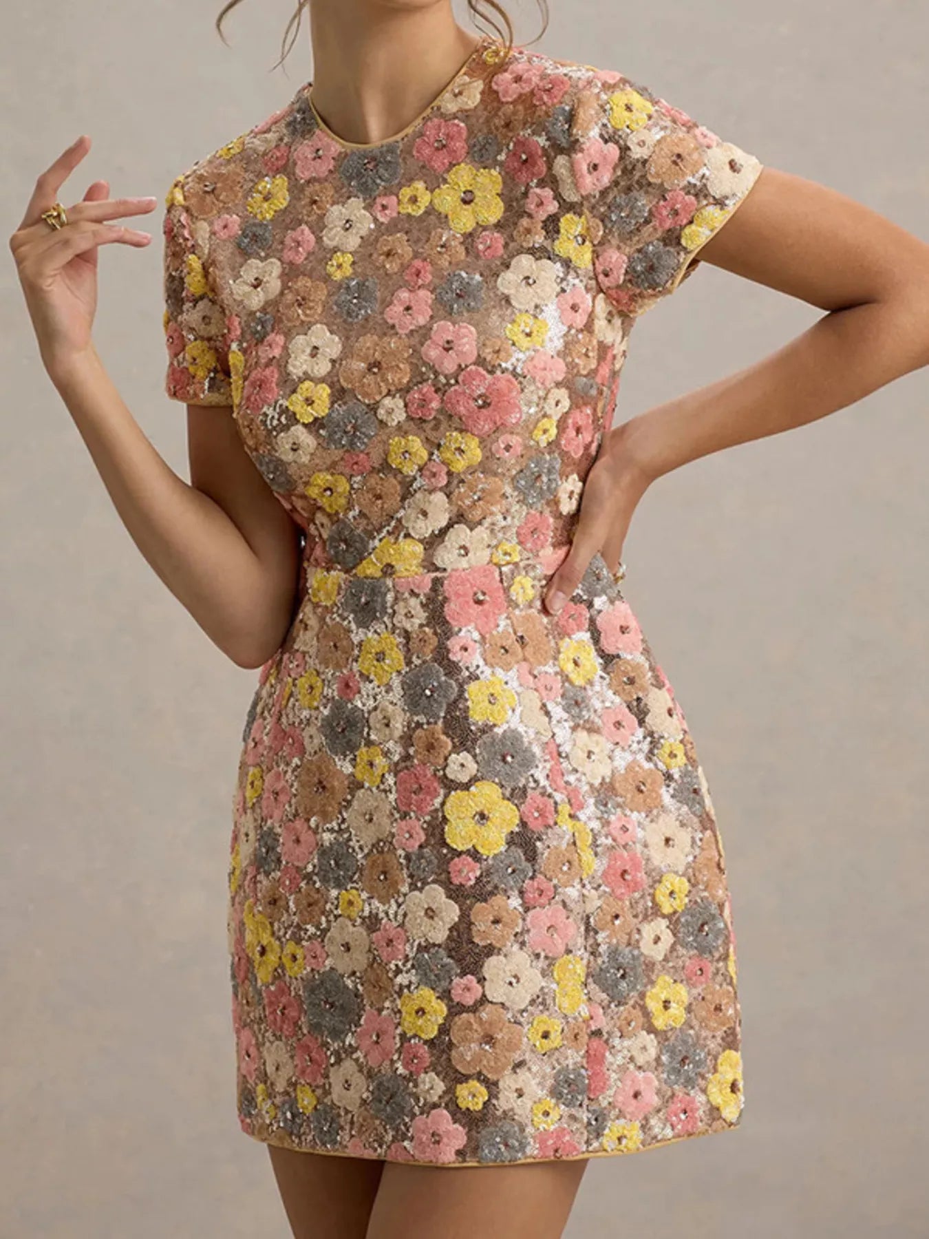 Floral Sequin Short Sleeve Mini Dress