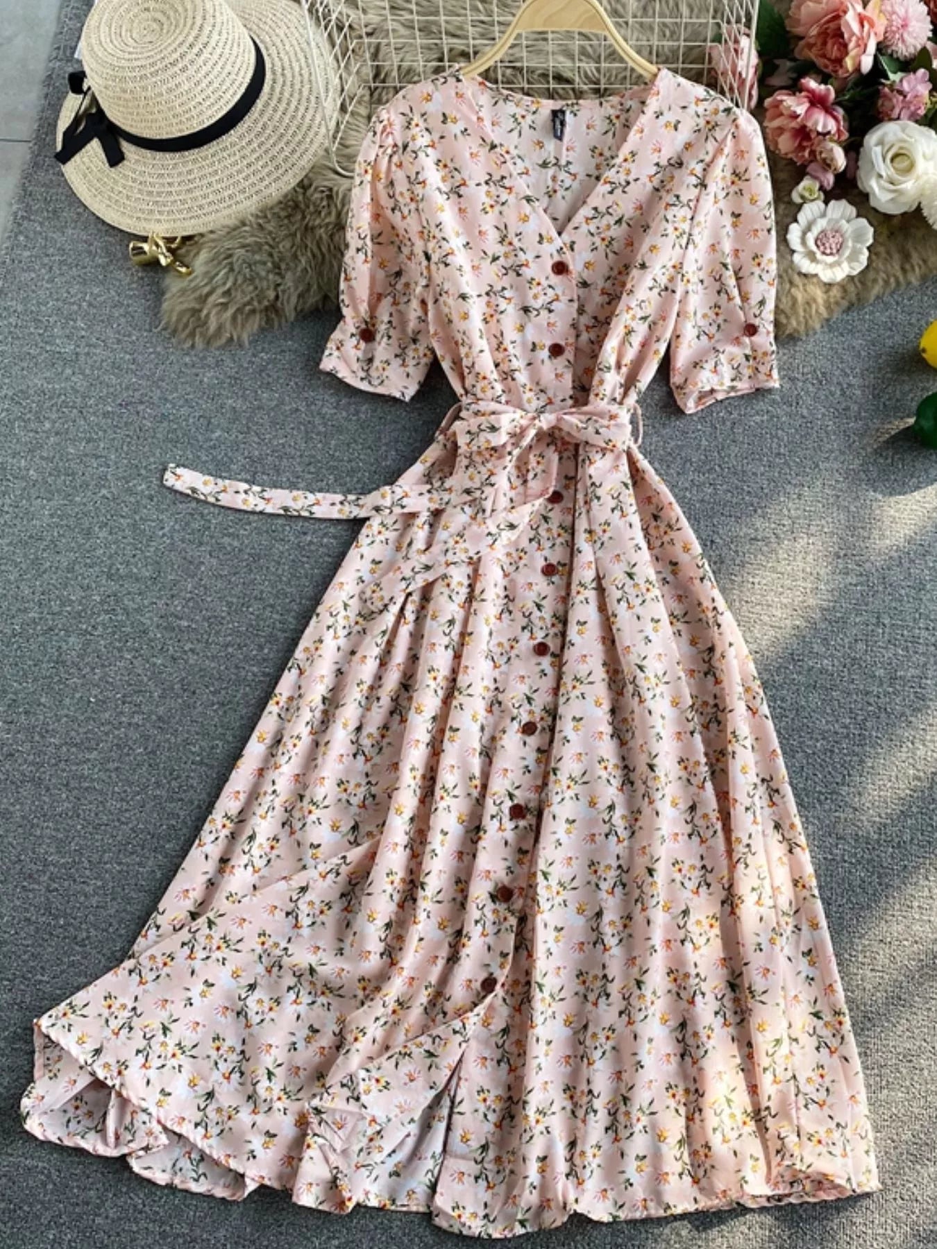 Floral Print V-Neck Midi Dress