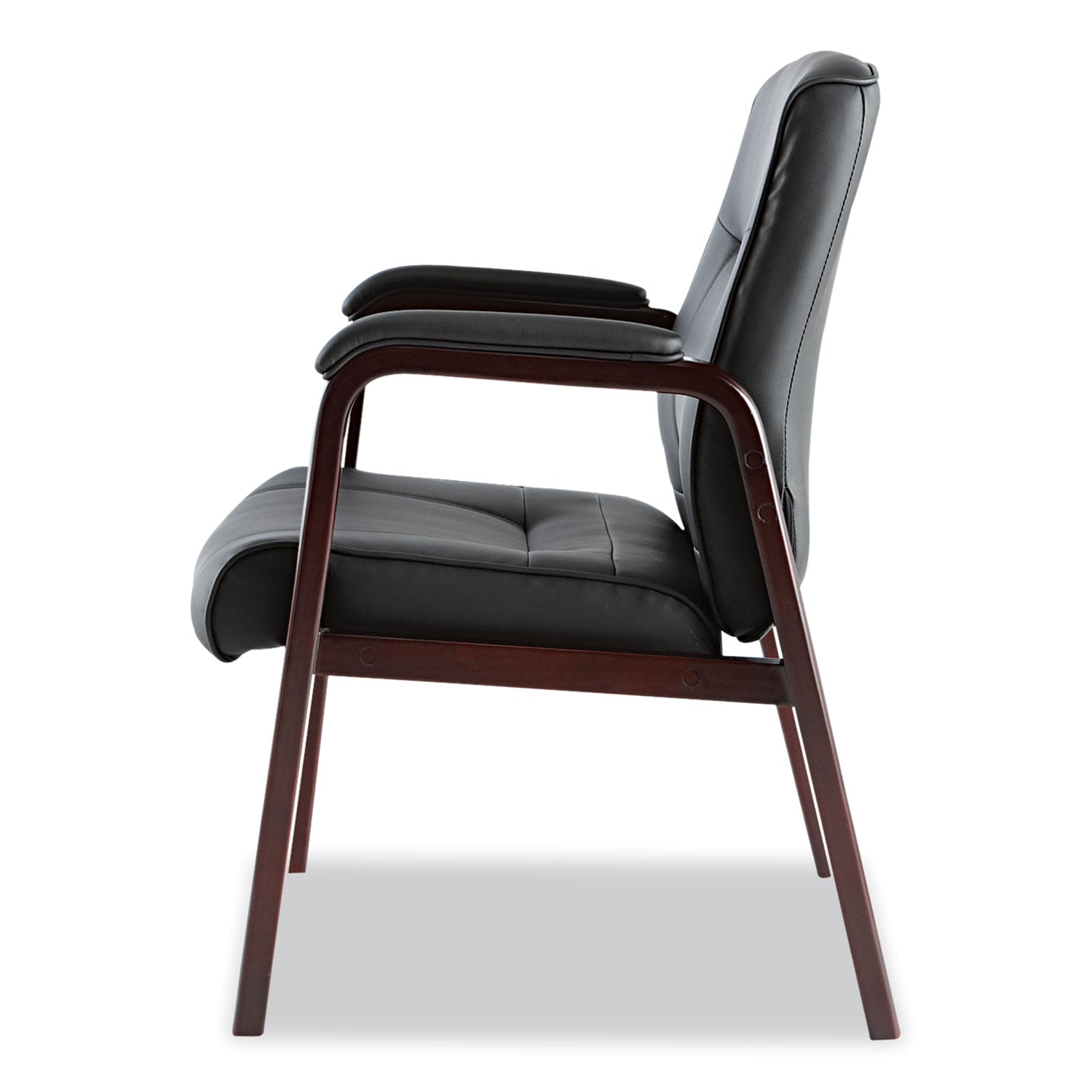 Alera Madaris Series Bonded Leather Guest Chair, Wood Trim Legs, 25.39" x 25.98" x 35.62", Black Seat/Back, Mahogany Base