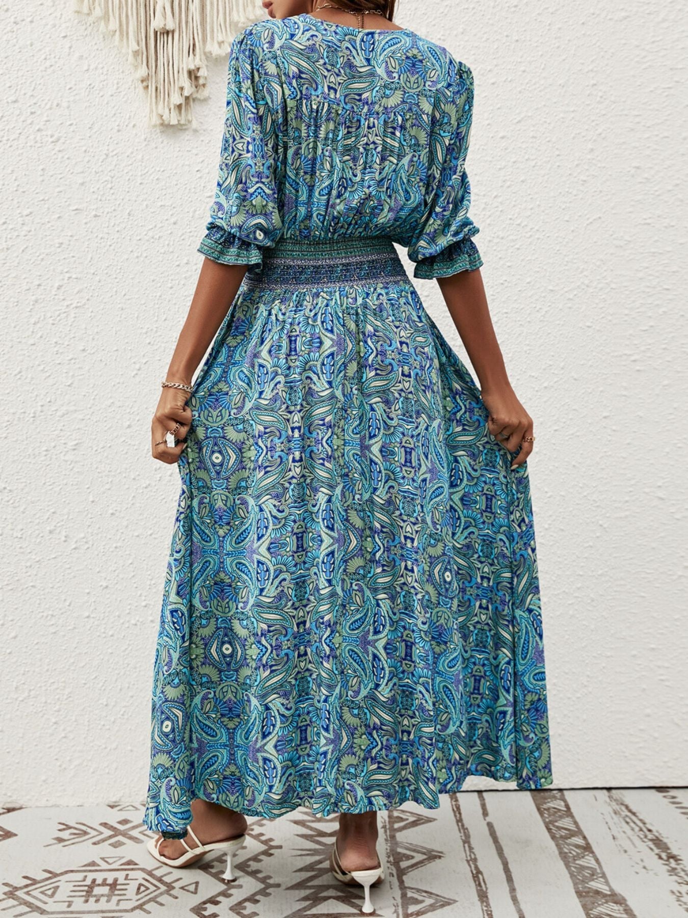 Paisley Print Half Sleeve Slit Midi Dress