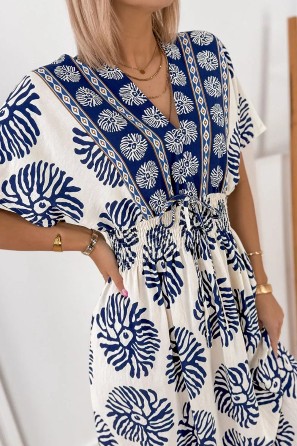 Floral Print Contrast Patchwork V Neck Dolman Dress