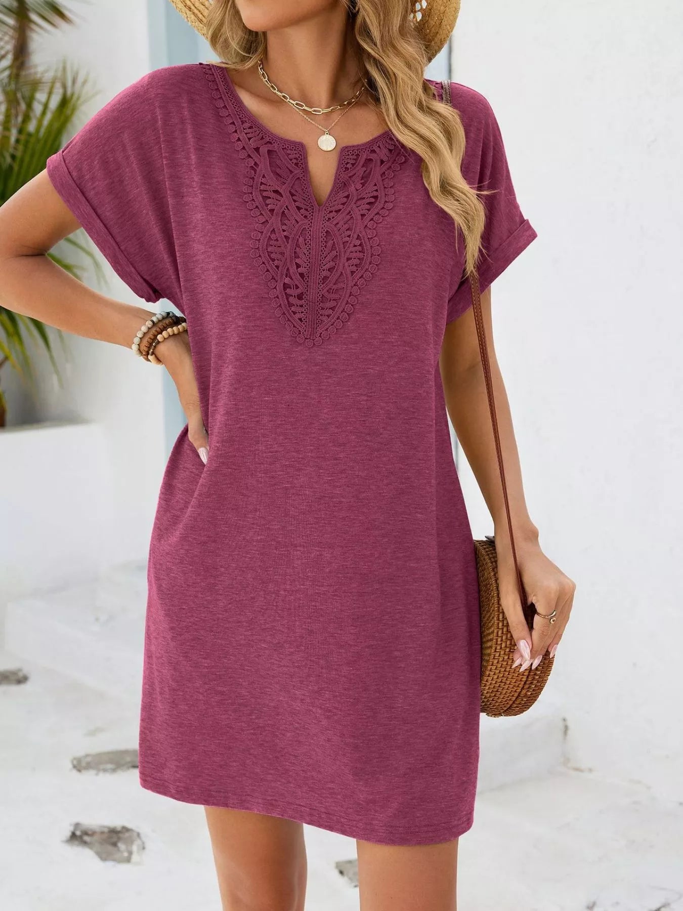 Lace Trim Notched Short Sleeve Dress
