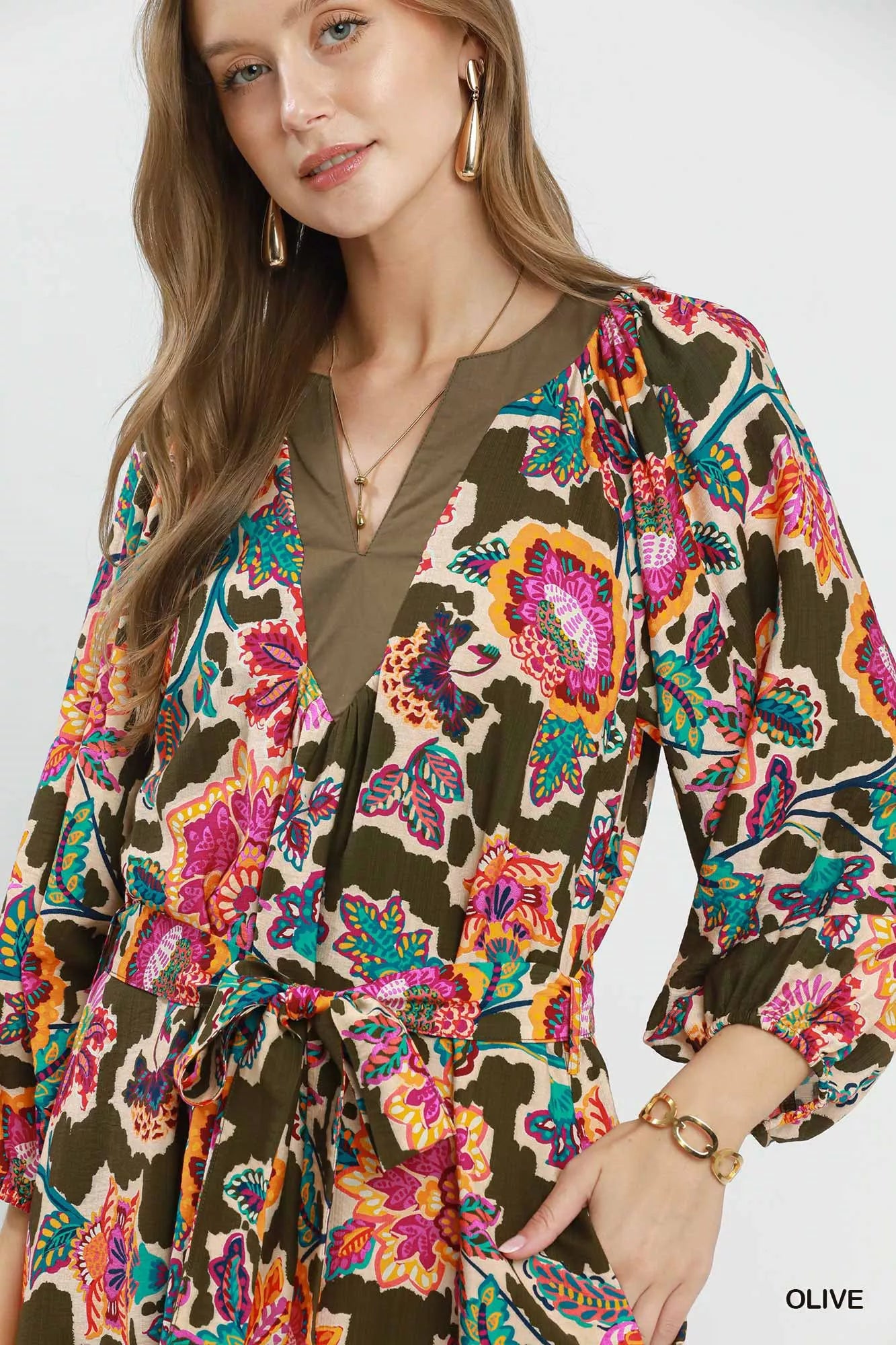 Umgee Abstract Print Embroidered Belted Midi Dress