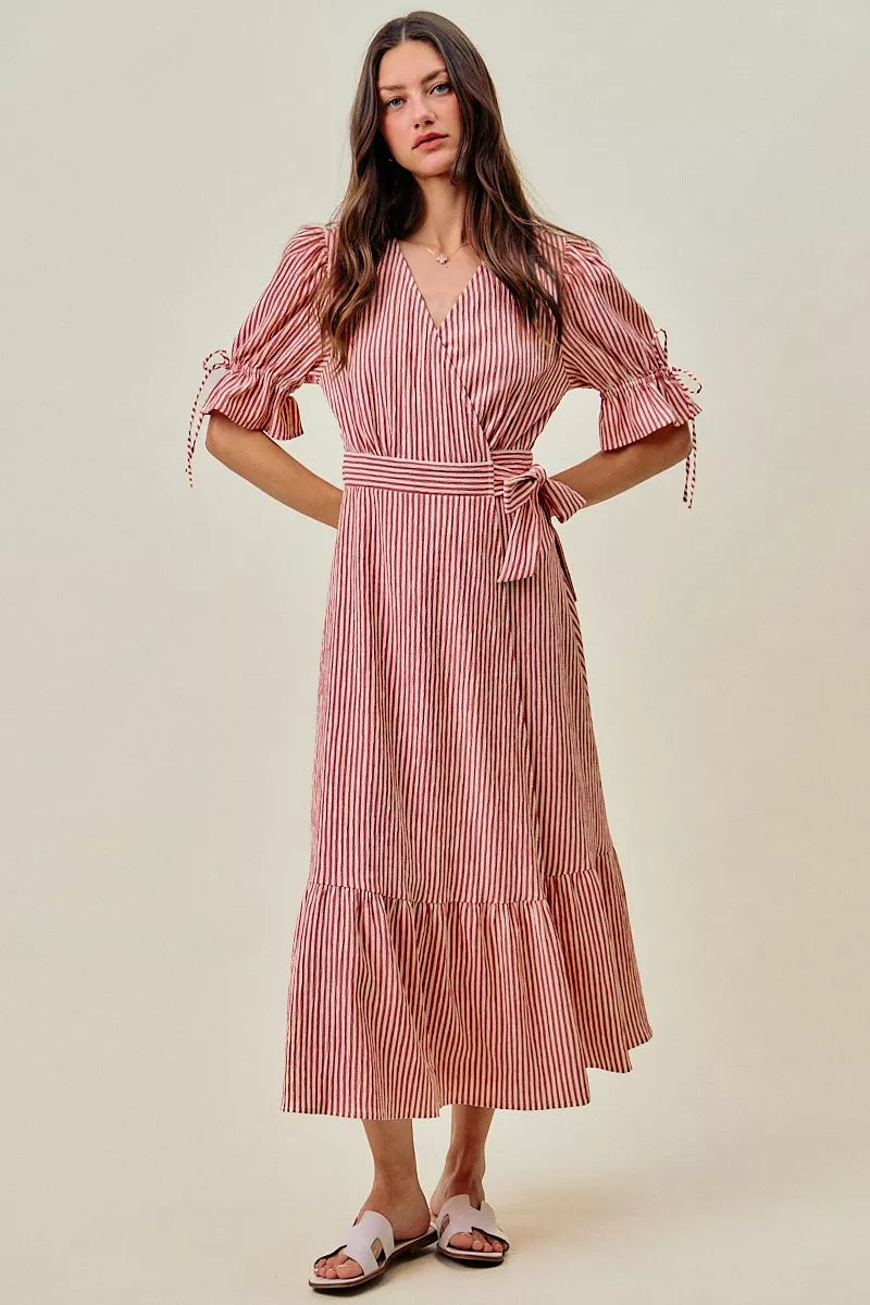 SO ME Stripe Textured Short Sleeves Lined Wrap Midi Dres