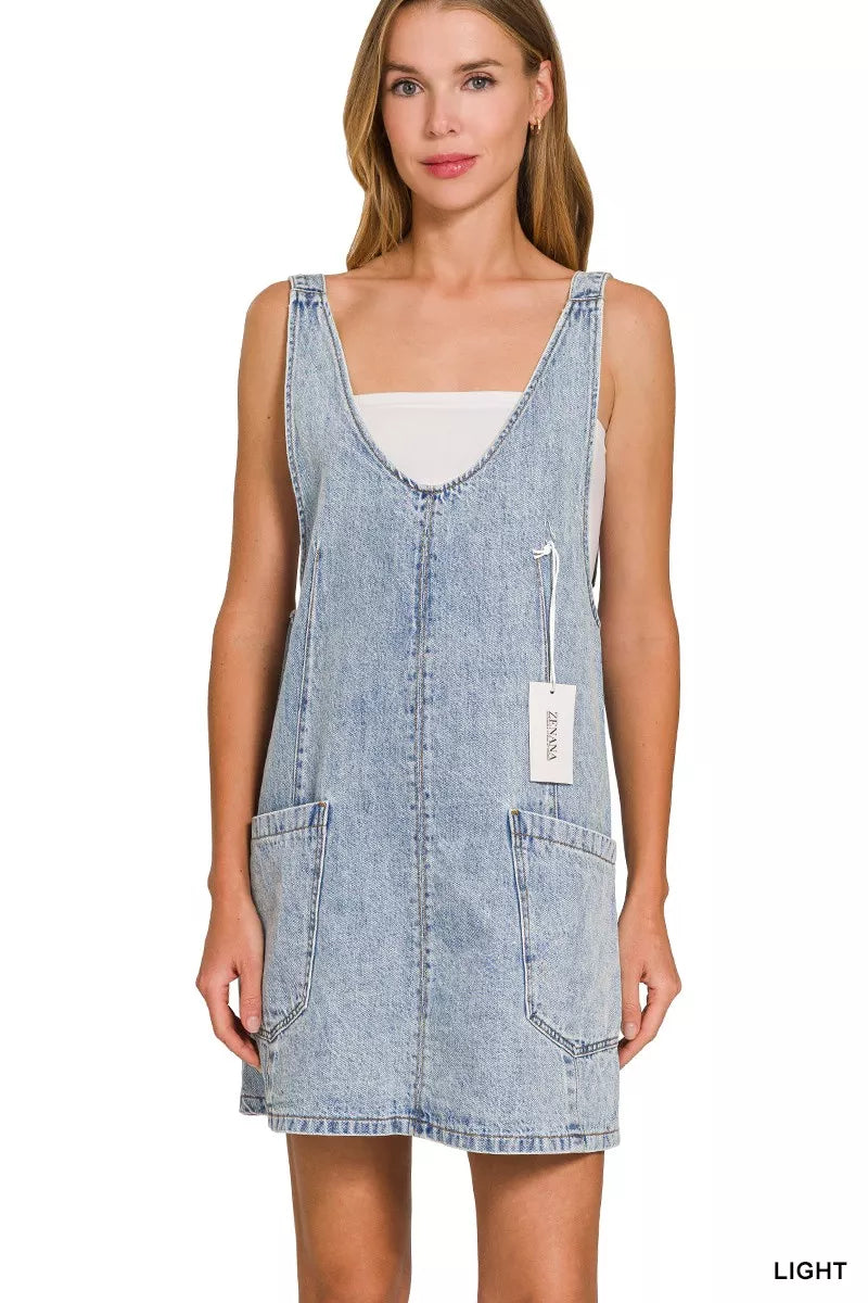 Zenana Denim Overall Dress with Front Pockets