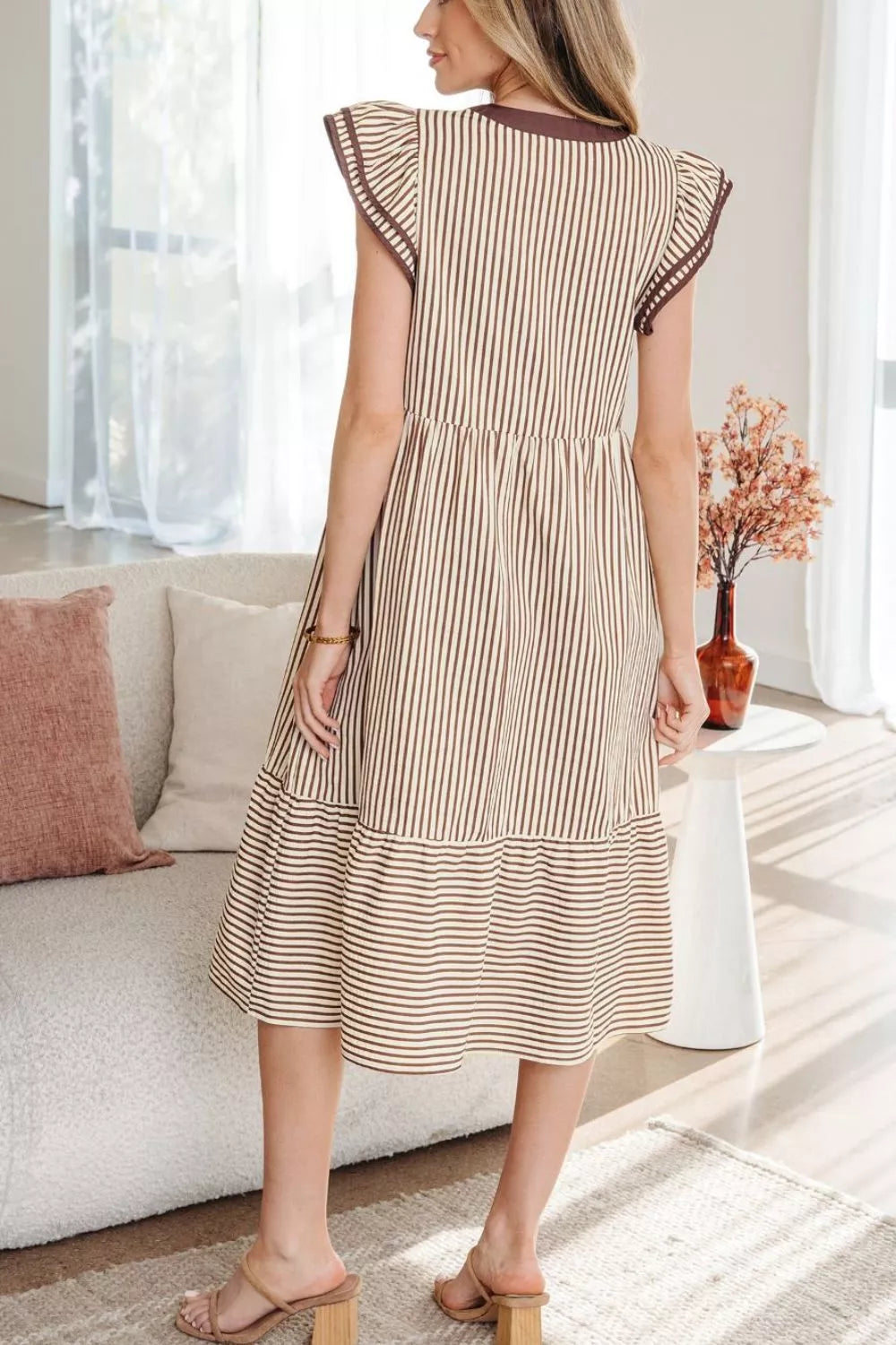 Stripe Plus Size Slit V Neck Tiered Flutter Sleeve Dress
