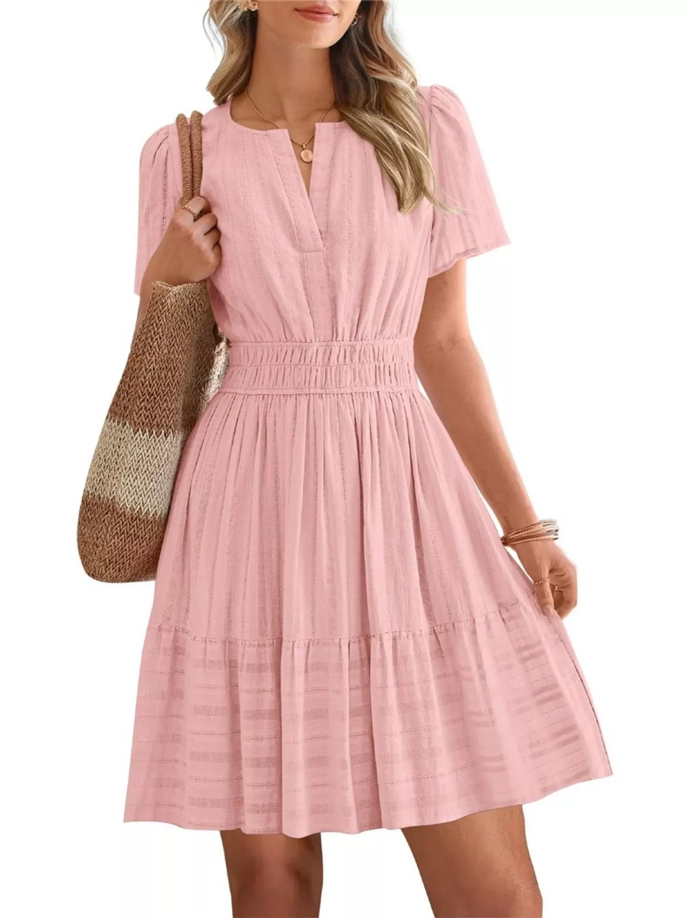 Short Sleeve Smocked Waist Tiered Dress
