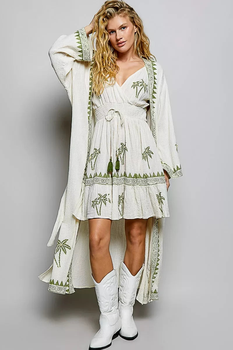 POL Palm Tree Print Wrap Bodice Smocked Waist Ruffle Hem Dress