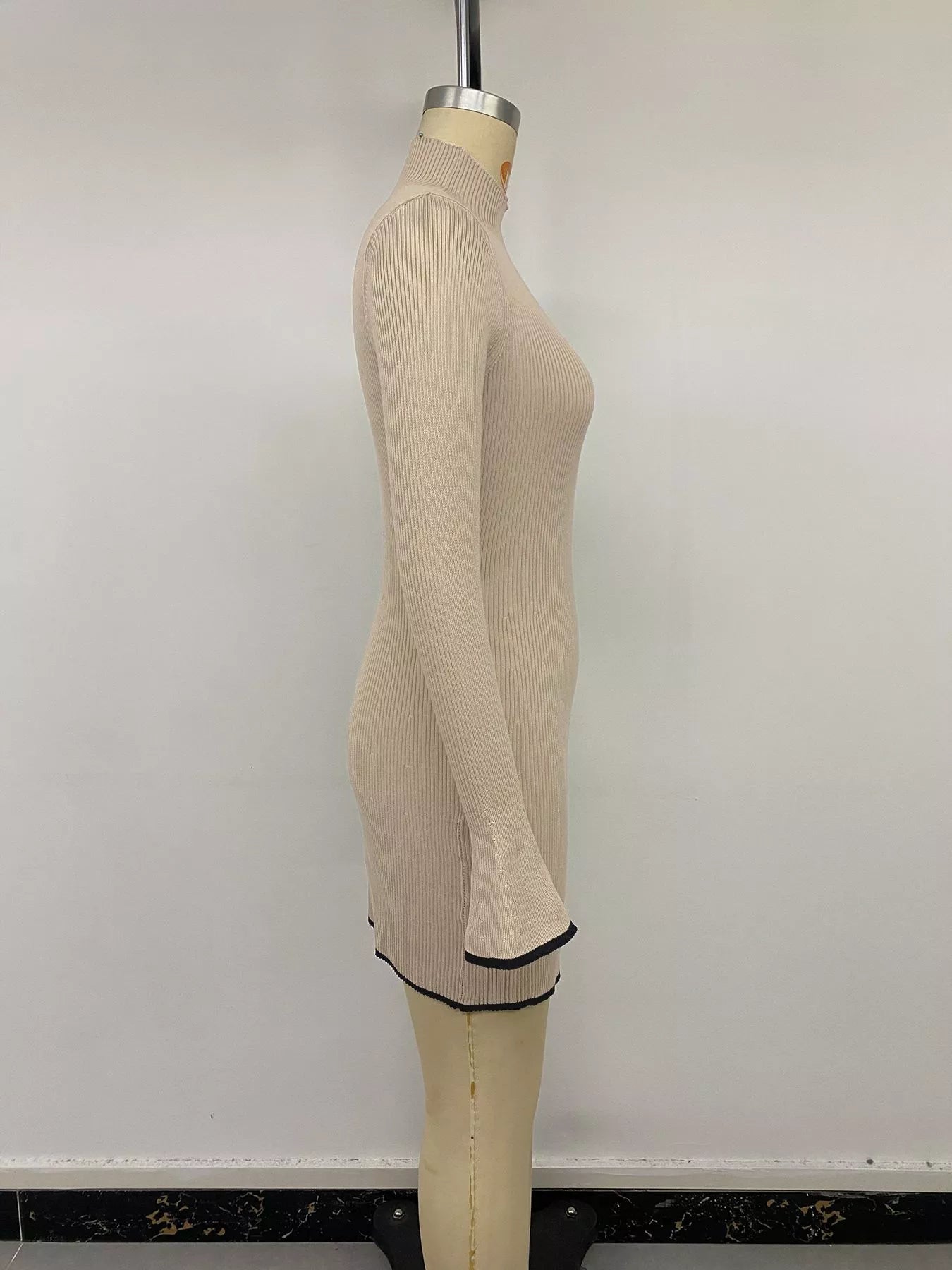 Ribbed Mock Neck Flare Sleeve Sweater Dress
