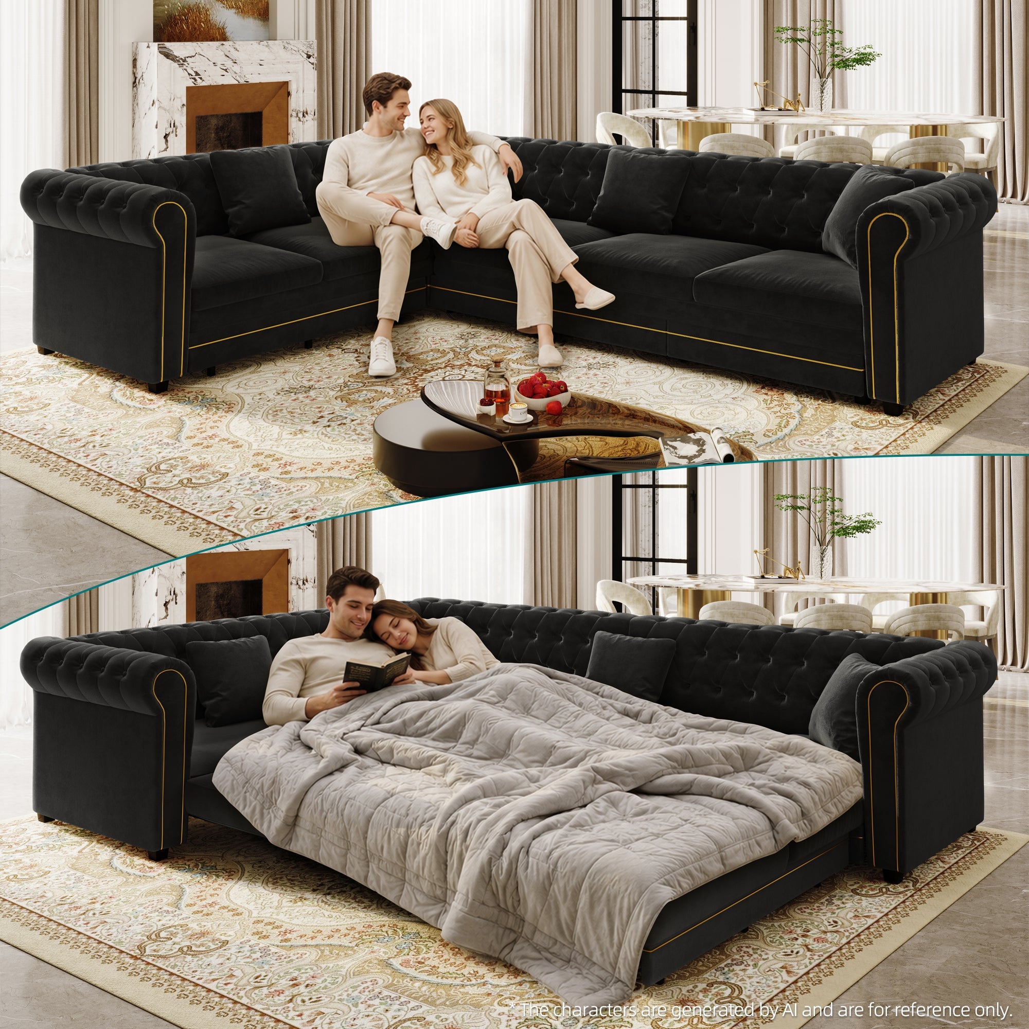 115.3" L-Shaped Sofa Couch with Pull-Out Bed