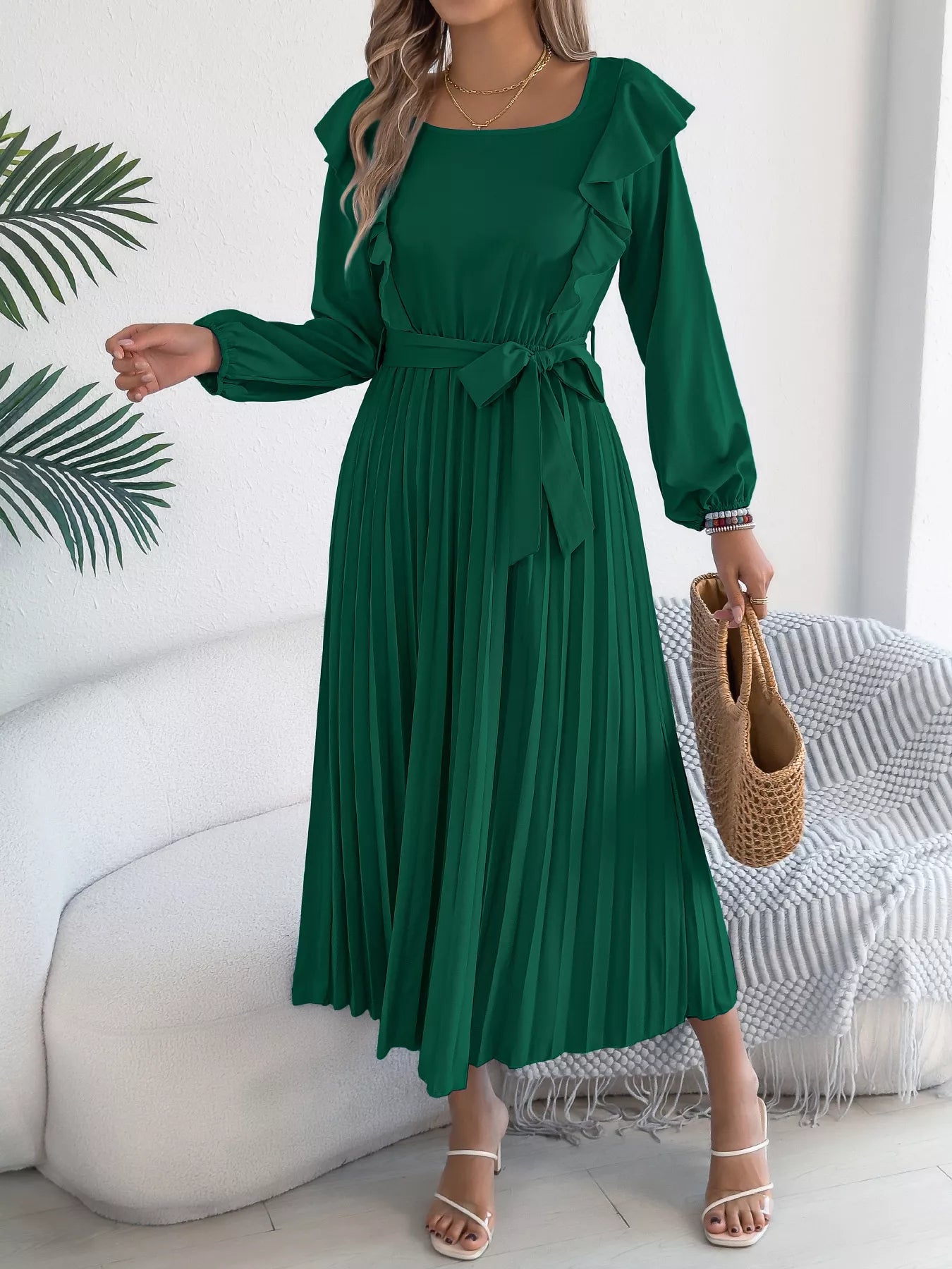 Ruffle Trim Pleated A-Line Midi Dress