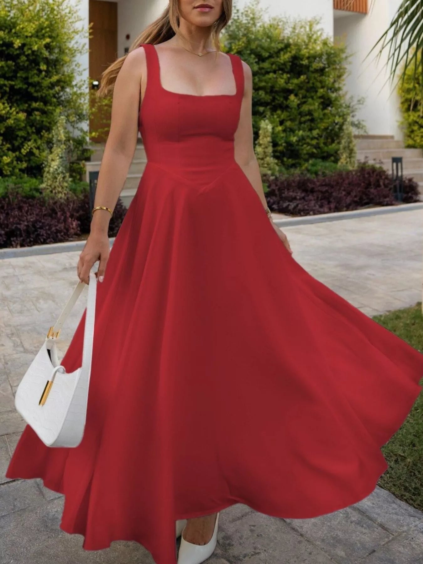 Square Neck Wide Strap A-Line Dress
