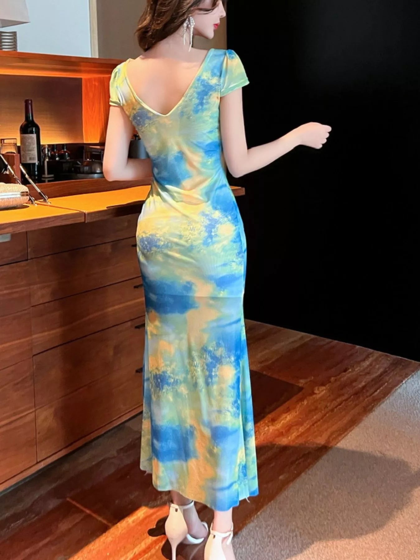 Tie-Dye Surplice Ruffle Slit Dress