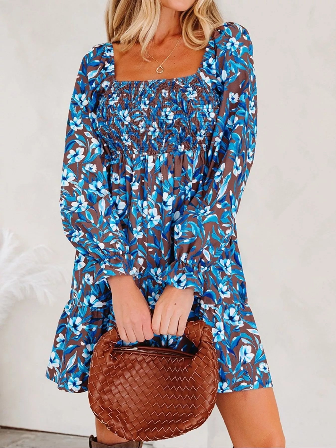 Smocked Bodice High Waist Ruffled Sleeve Floral Dress