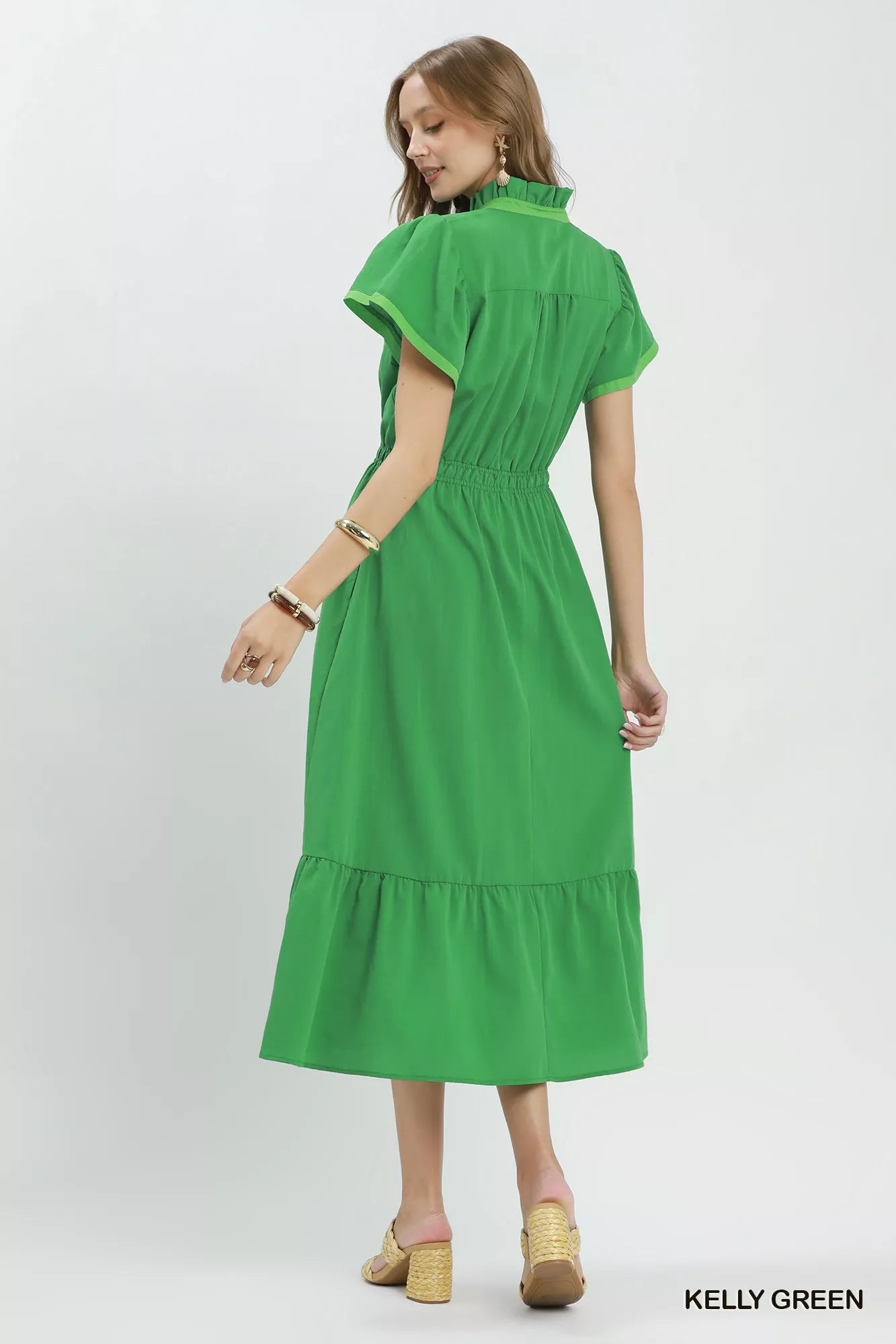Umgee Contrast Trim Midi Dress with Tiered Ruffle Hem
