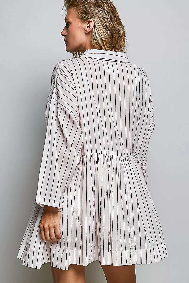 POL Striped Gathered Waist Woven Shirt Dress