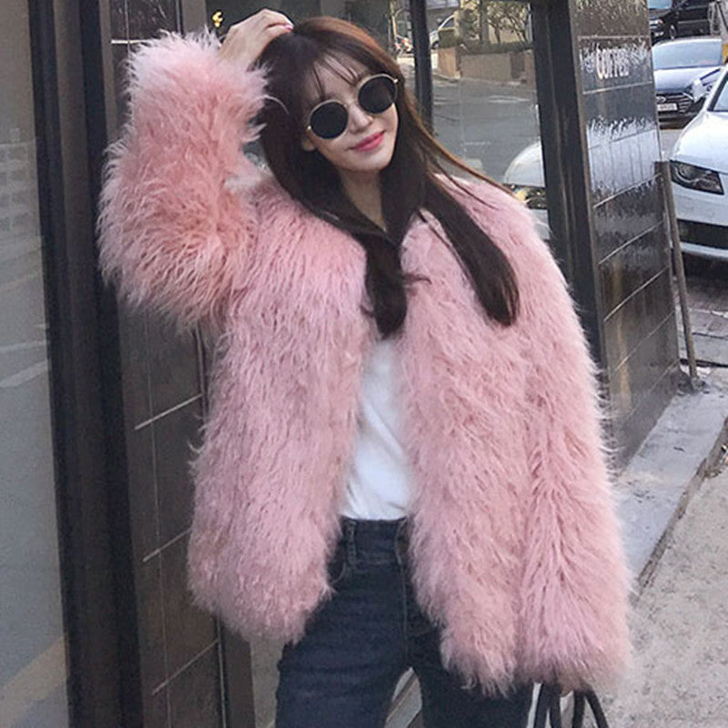 Women's Solid Color Short Faux Shearling Fur Coat