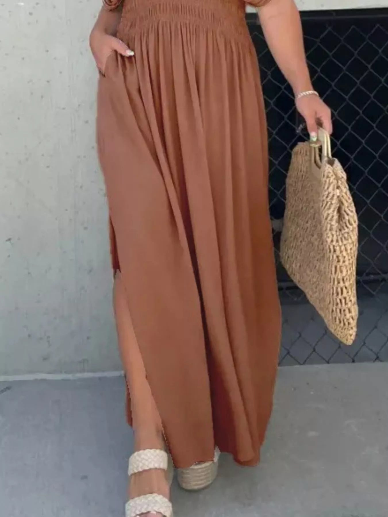Full Size Slit V-Neck Smocked Waist Maxi Dress Plus Size