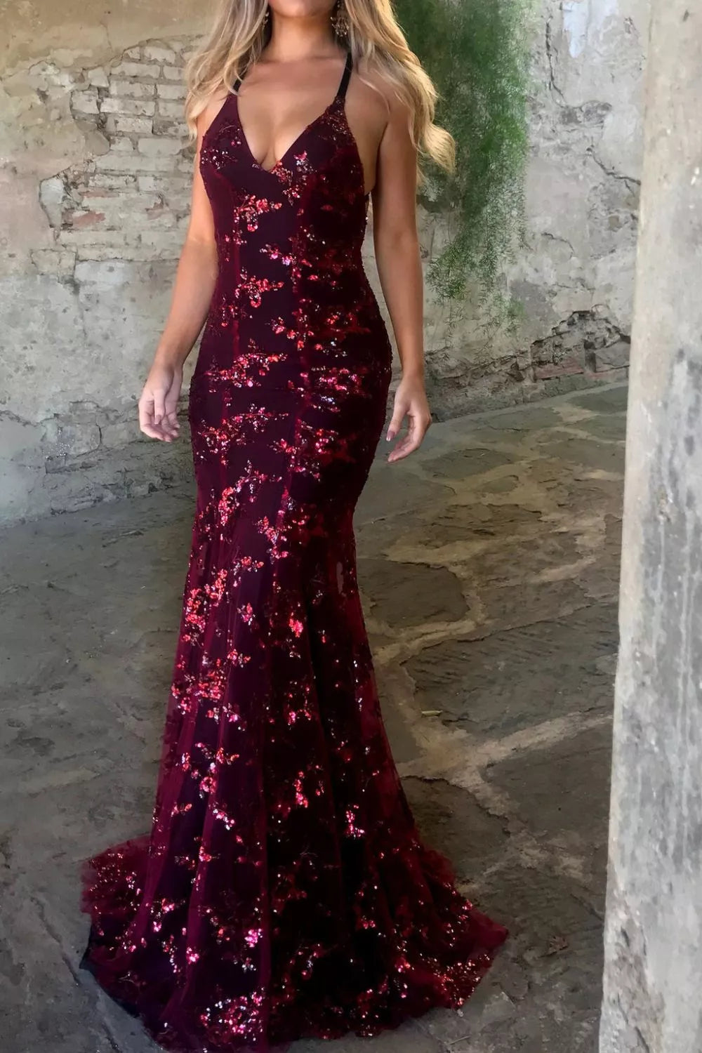 Full Size Sequin Tie Back V-Neck Maxi Dress Plus Size