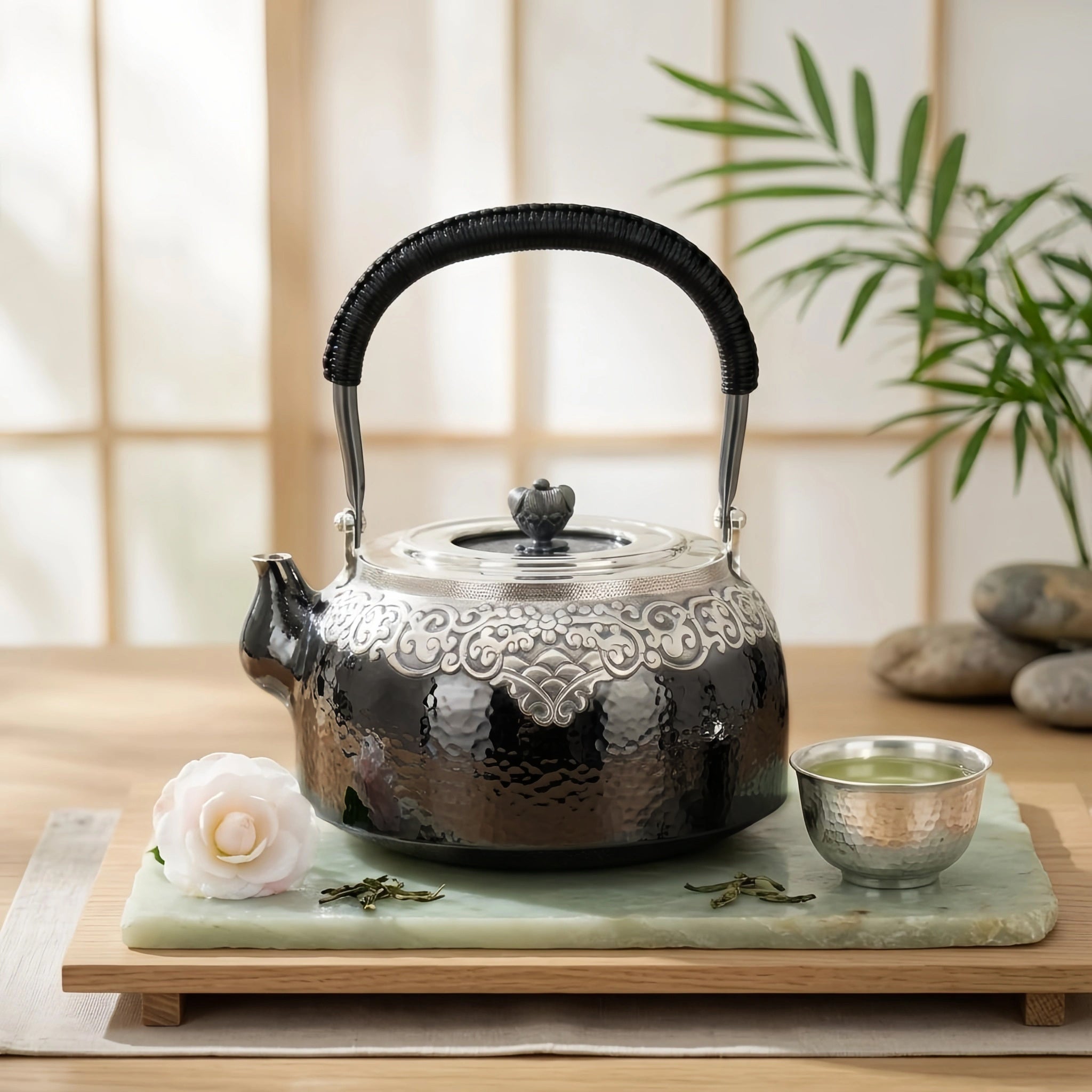 925 Sterling Silver Hand-Hammered Silver Teapot with Intricate Filigree Engraving and Wrapped Handle - Handicraft