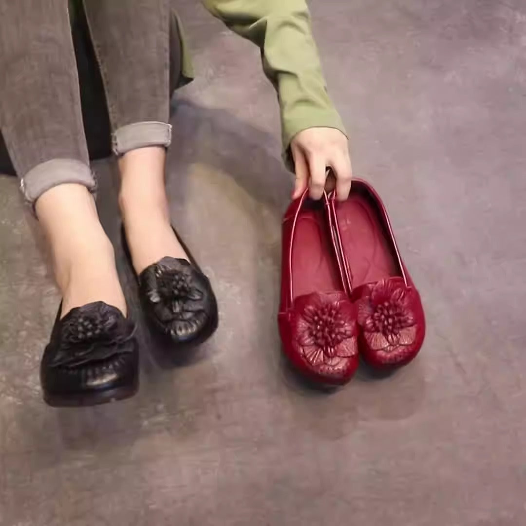 Genuine leather flat bottomed soft sole anti slip sleeve shoes Dance flower women's shoes