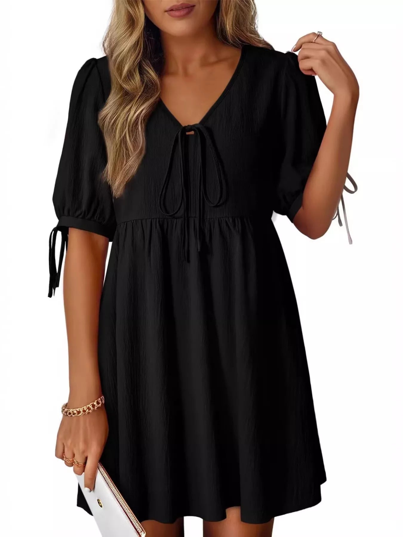 Tie-Neck Puff Sleeve A-Line Mini Dress