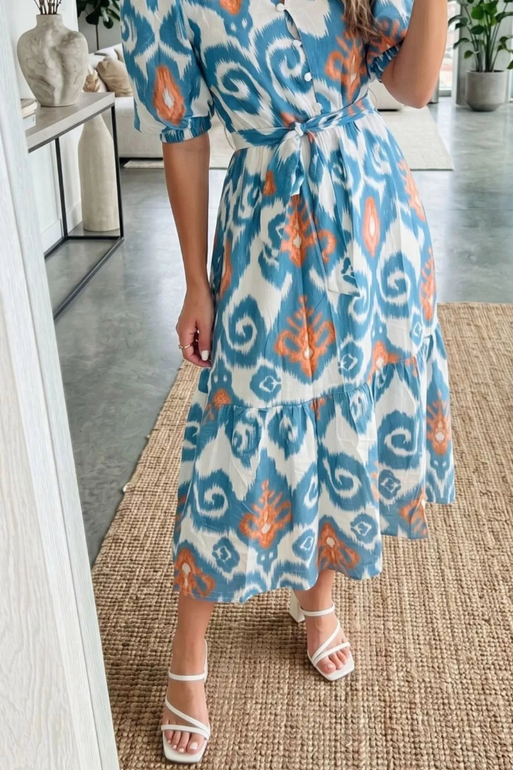 Floral Print Short Puff Sleeve Button Down Ruffle Hem Midi Dress