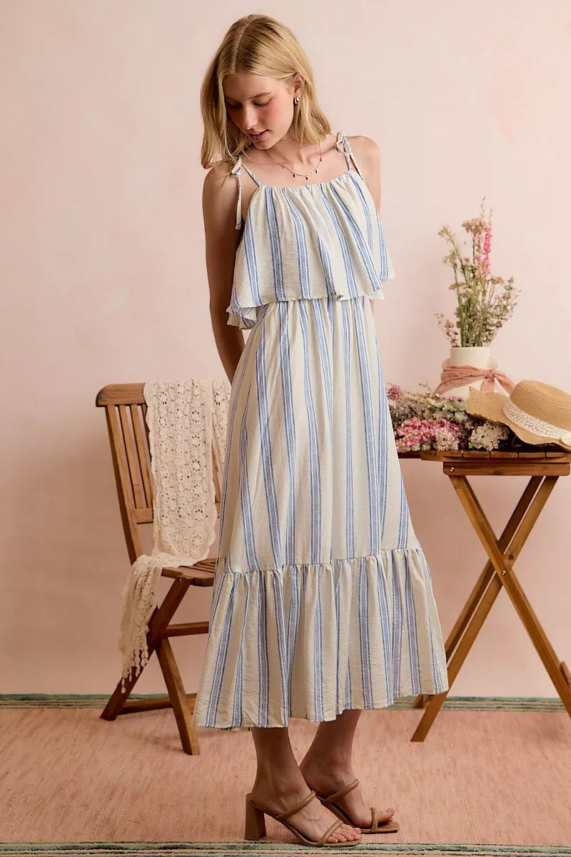 SO ME Stripe Tiered Shoulder Tie Midi Lined Dress