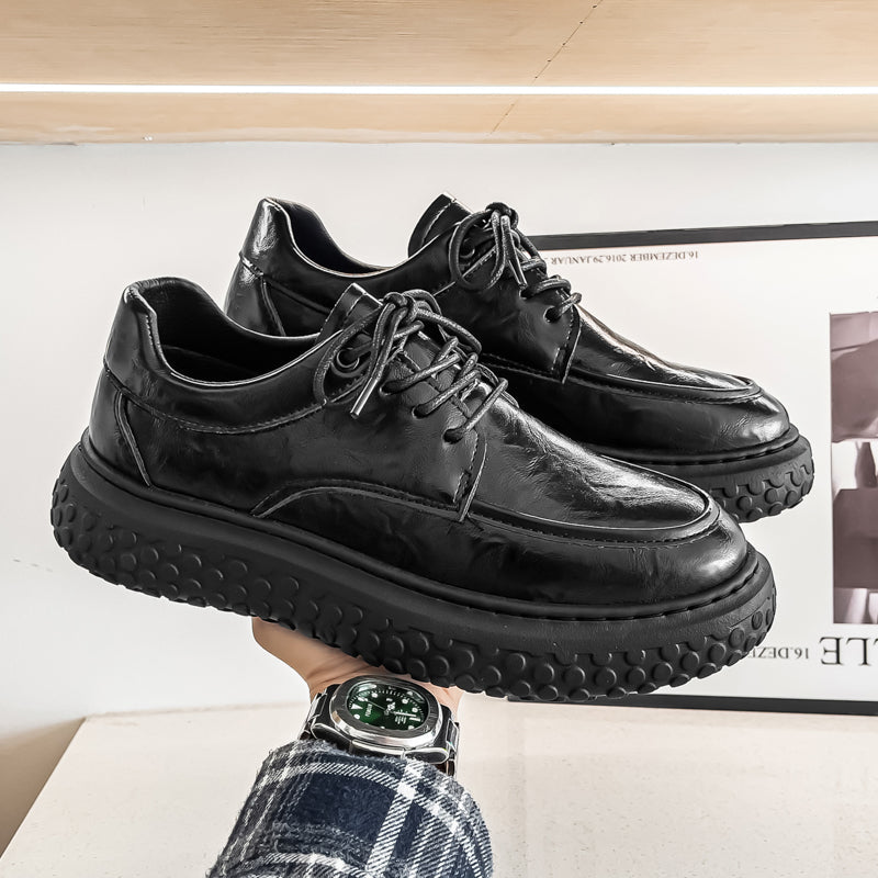 Trendy Brand Men's Leather Shoes, British Style Fashion Thick Sole Casual Footwear, Low-top Lace-up Height-increasing Breathable Black Loafers