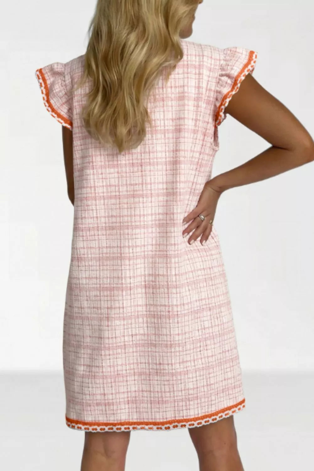 Jacquard Textured Contrast Trim Short Sleeve Tassel Tie Shift Dress