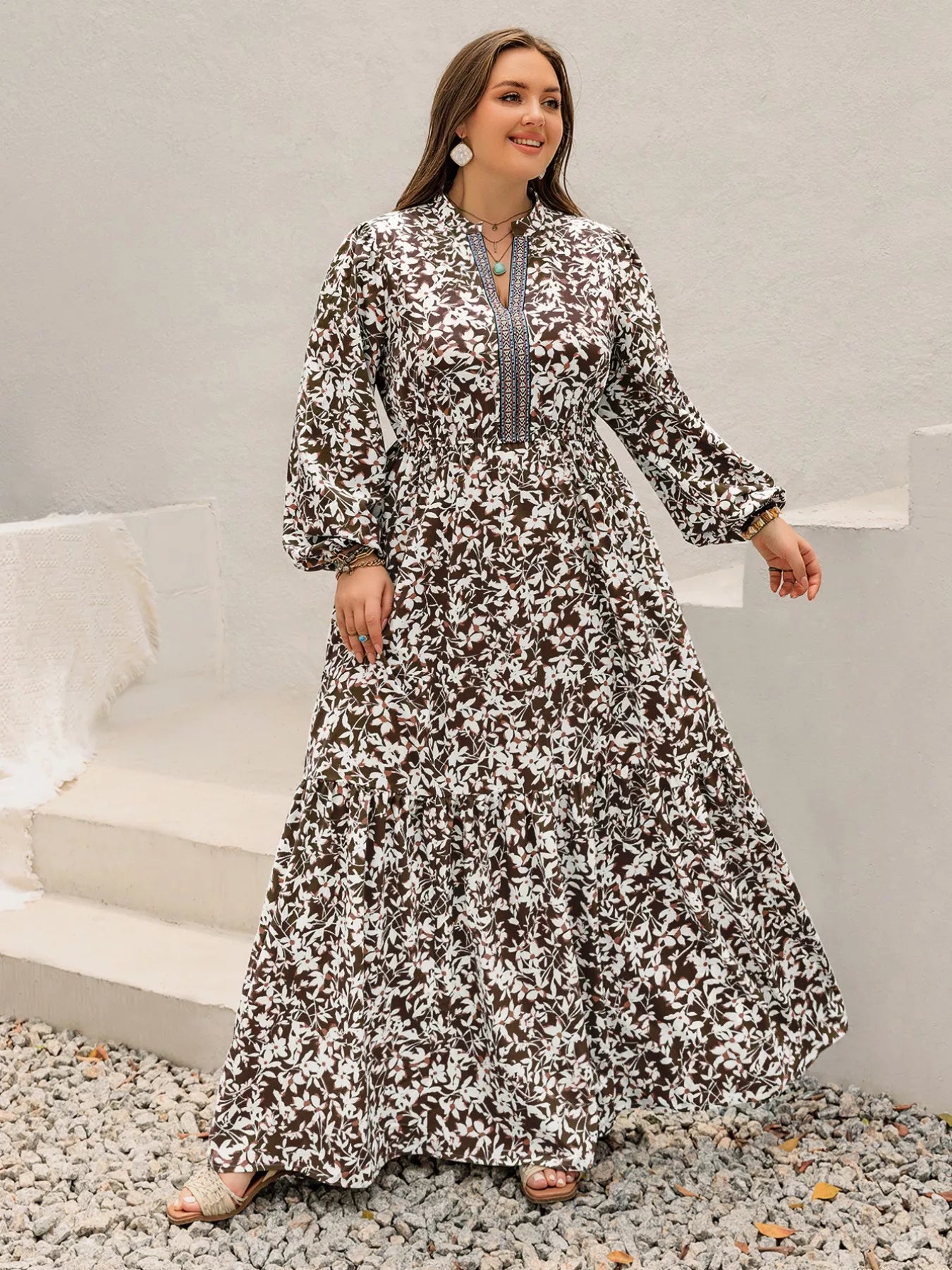 Plus Size Floral Print Long Sleeve Maxi Dress