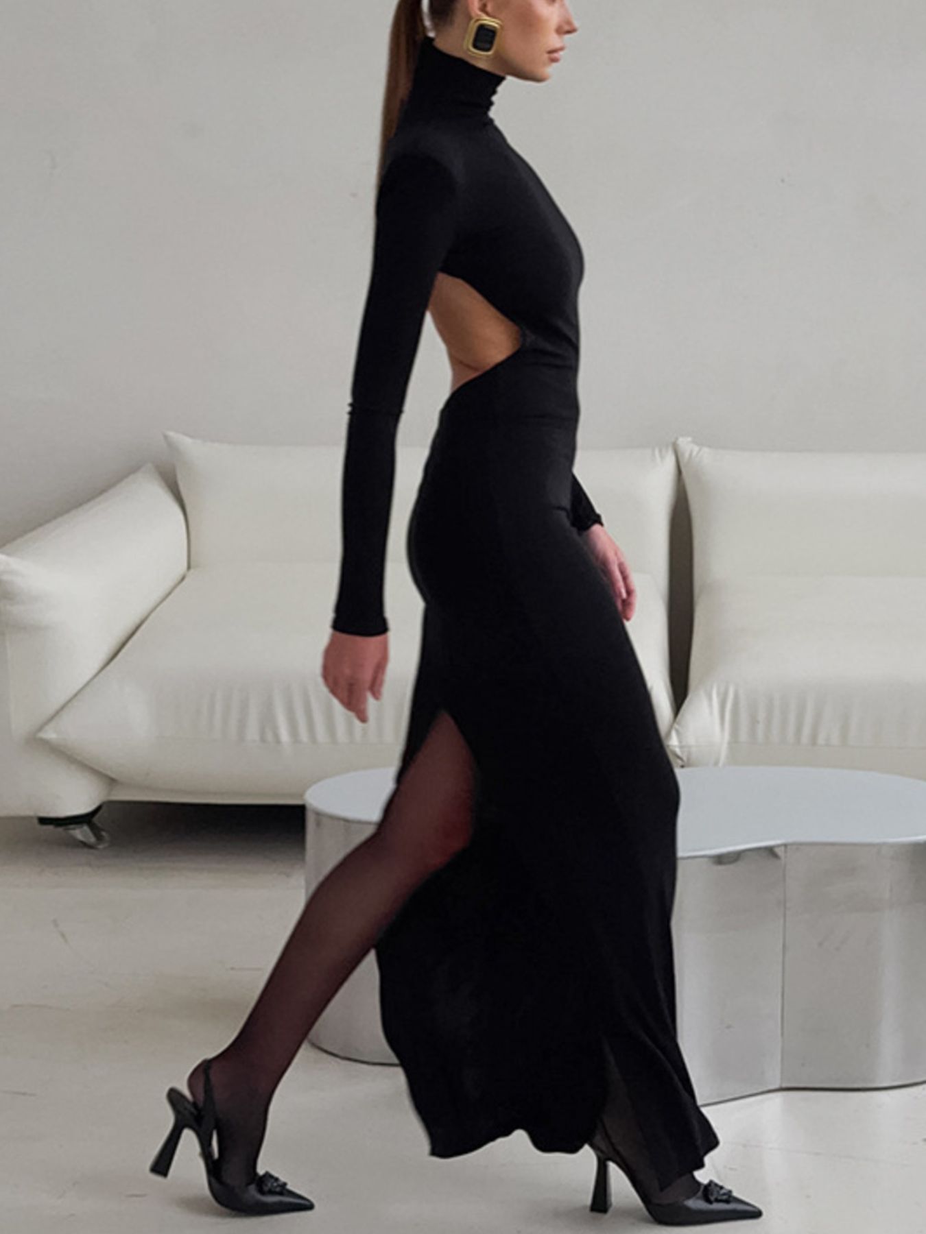 Backless Turtleneck Long Sleeve Bodycon Maxi Dress
