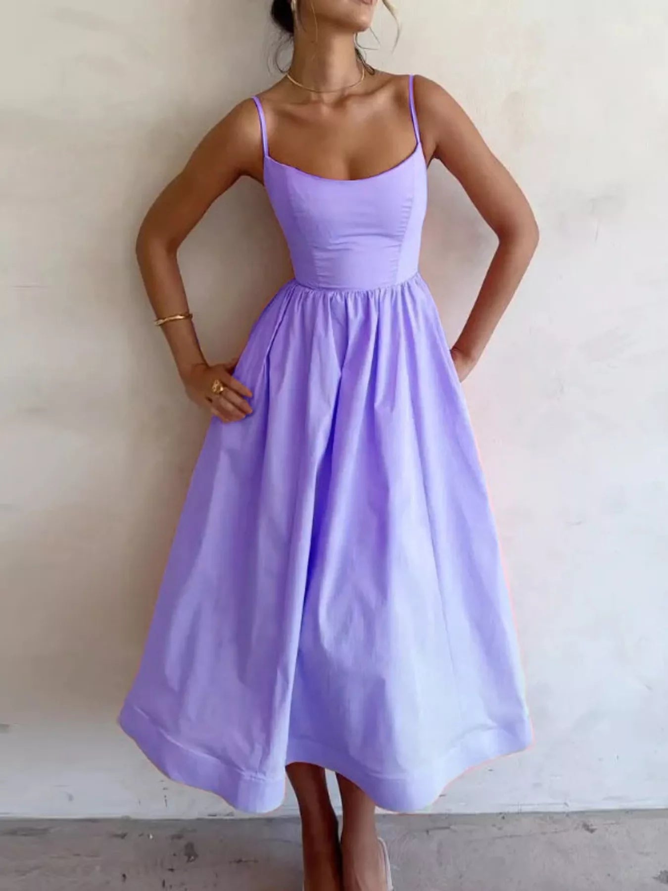 Adjustable Strap Scoop Neck Midi Dress
