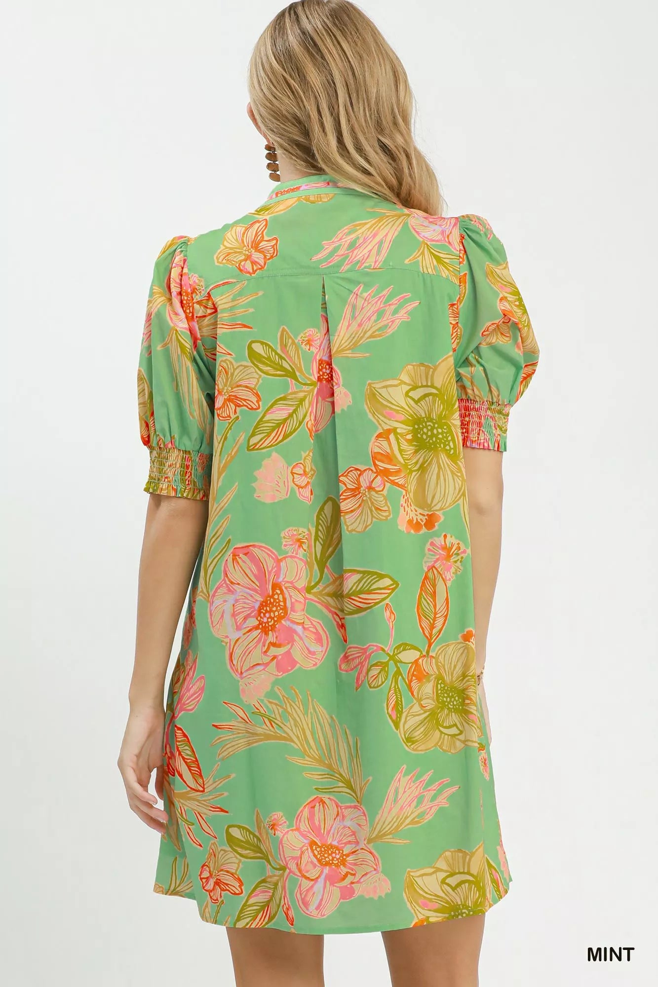 Umgee Botanical Print Dress with Smocked Cuffs