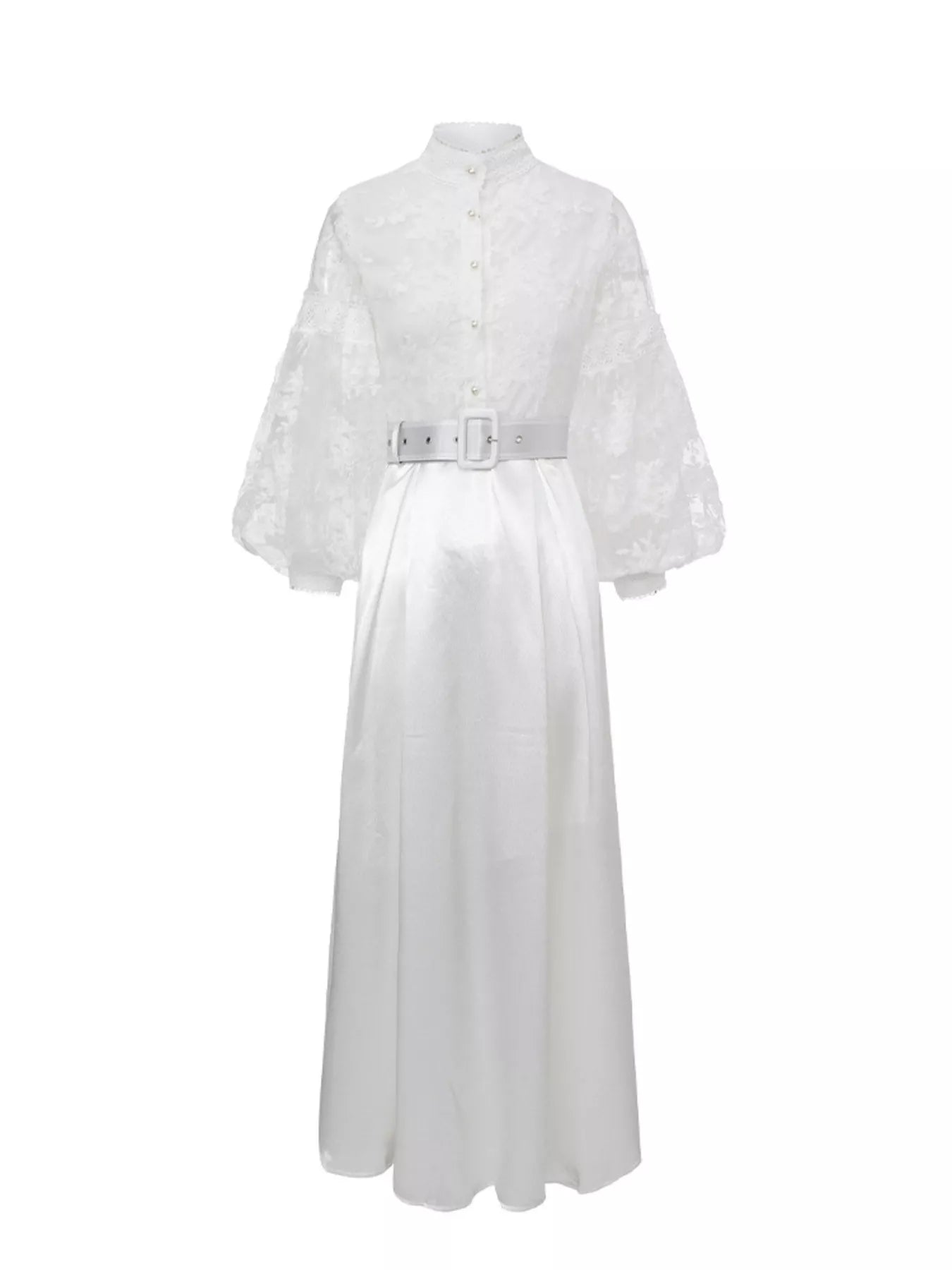Lace Lantern Sleeve Belted Maxi Dress
