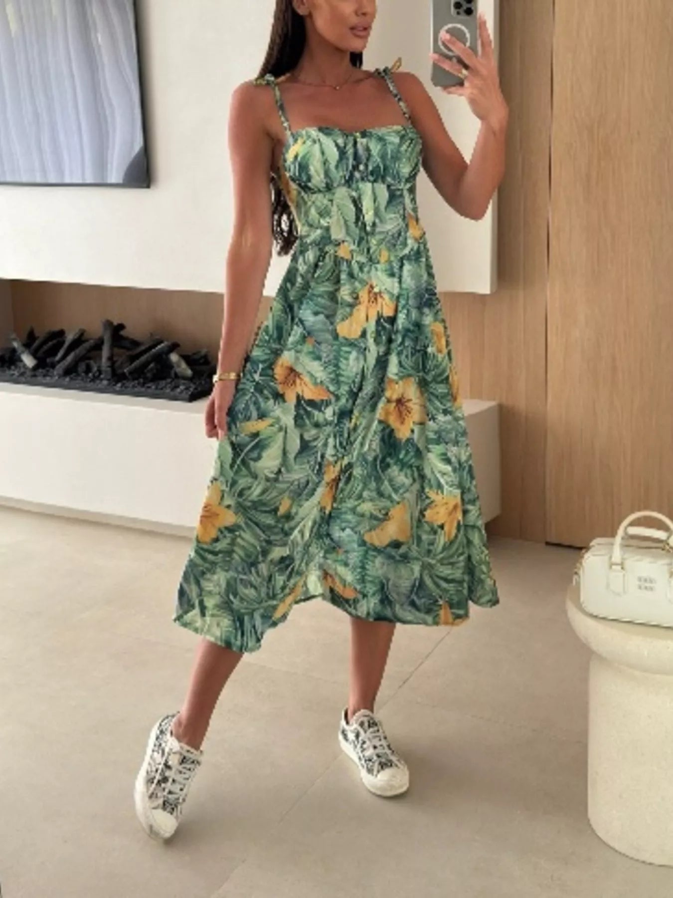 Printed Tie-Strap Midi Dress
