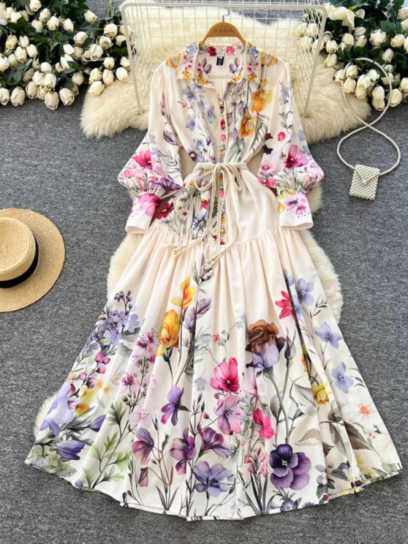 Floral Print Lantern Sleeve Midi Dress