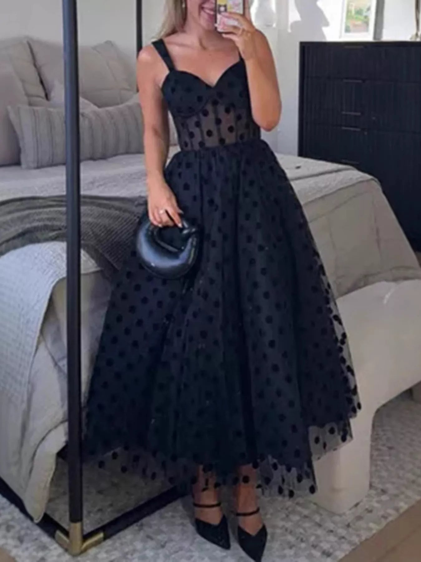 Polka Dot Tulle Sleeveless Midi Dress