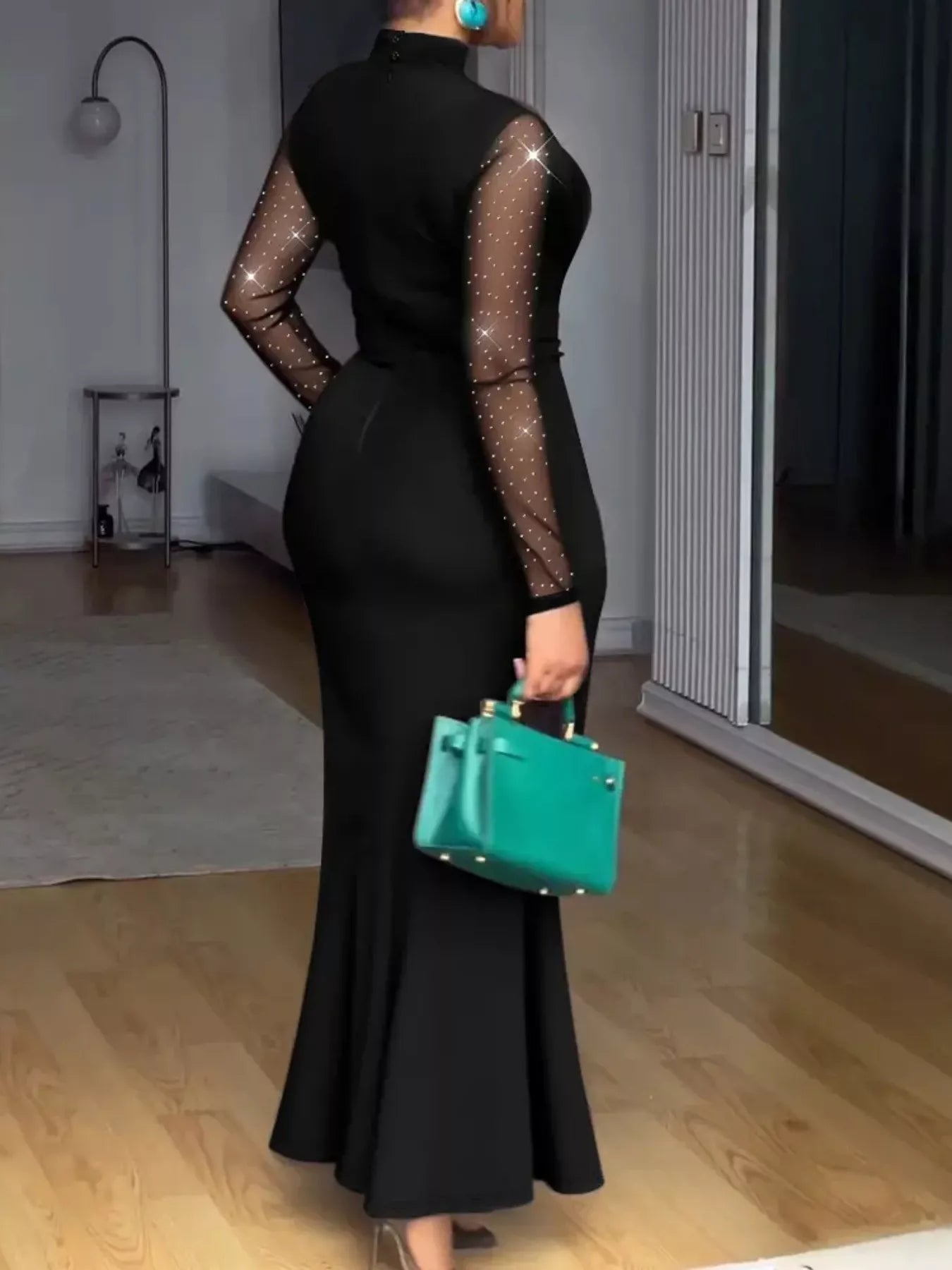 Mesh Mock Neck Long Sleeve Maxi Dress