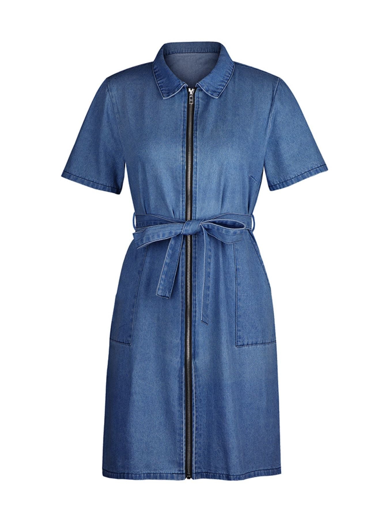Zip Front Short Sleeve Denim Dress
