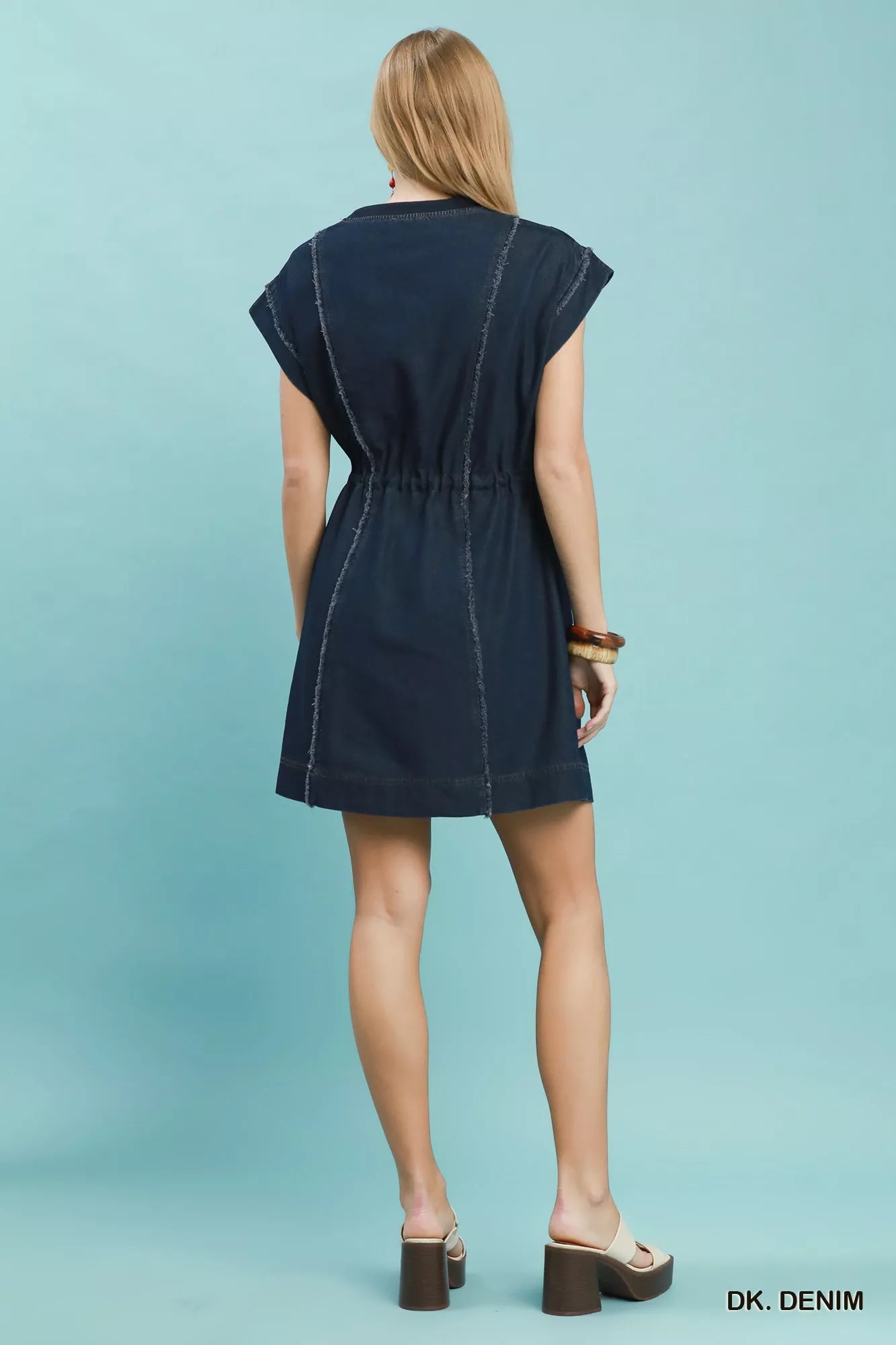 Umgee Drawstring Waist Frayed Denim Mini Dress