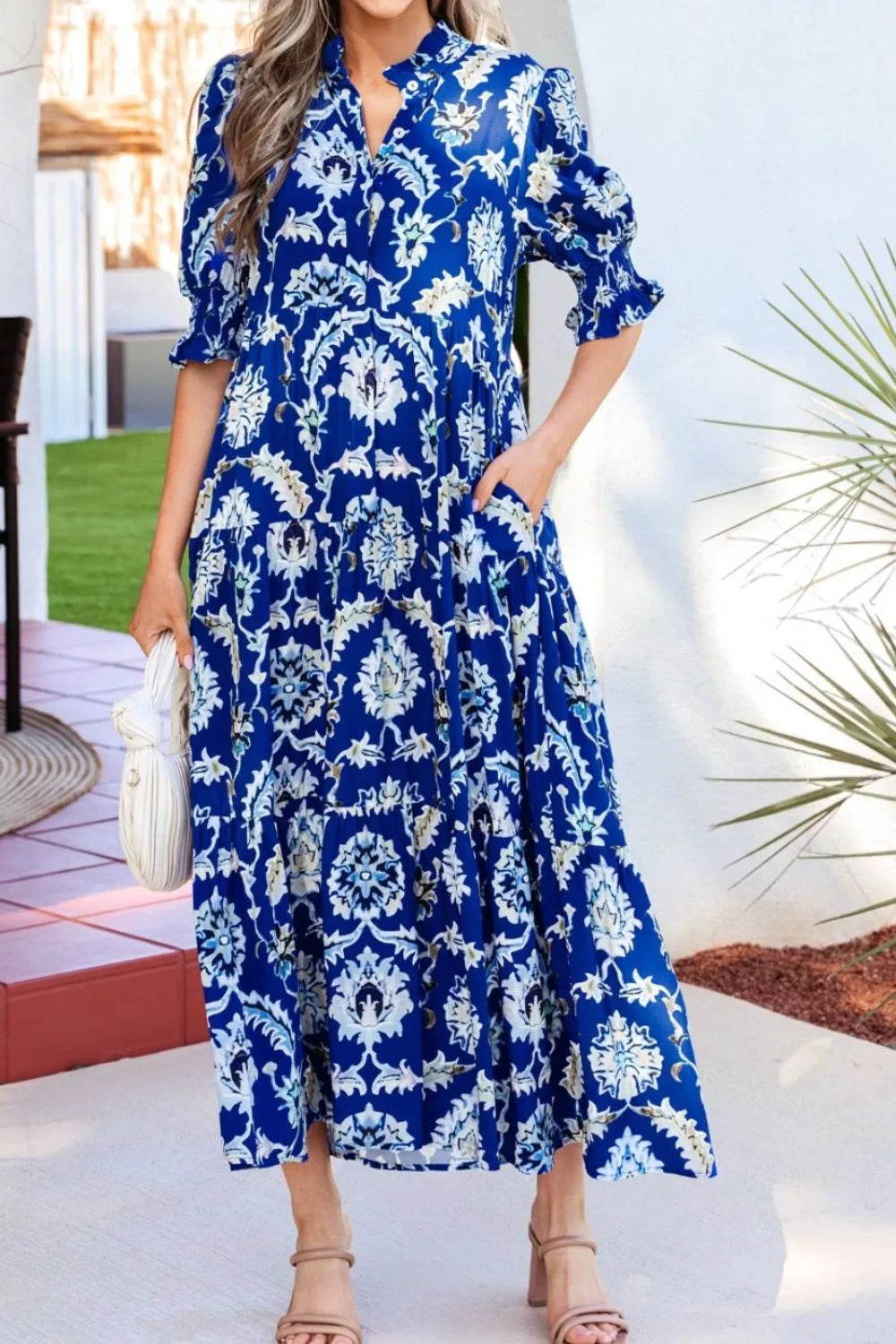 Wild Floral Print Frilled Collar Half Sleeve Dress