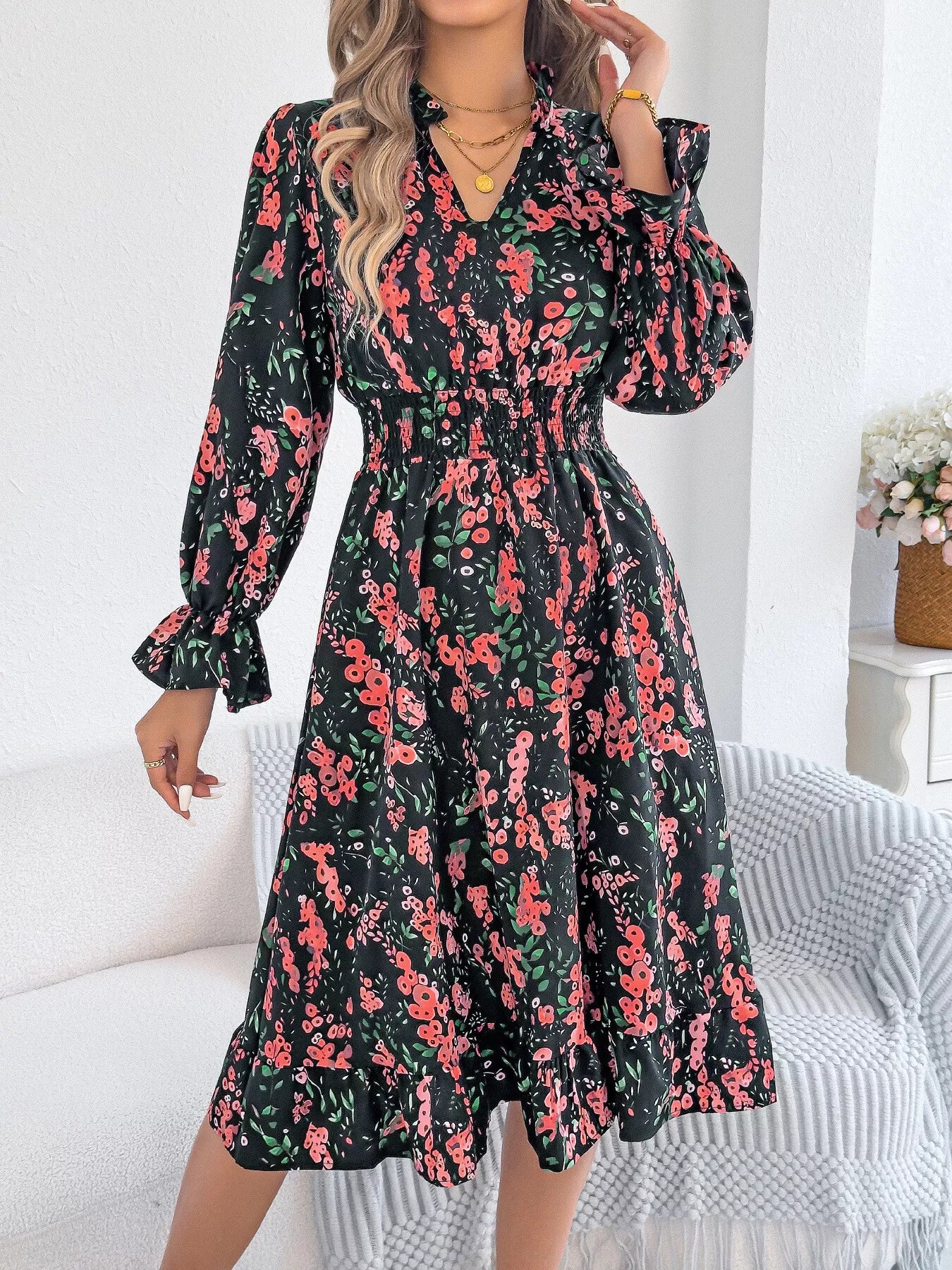 Floral Print Ruffle Hem Flounce Sleeve A-Line Dress