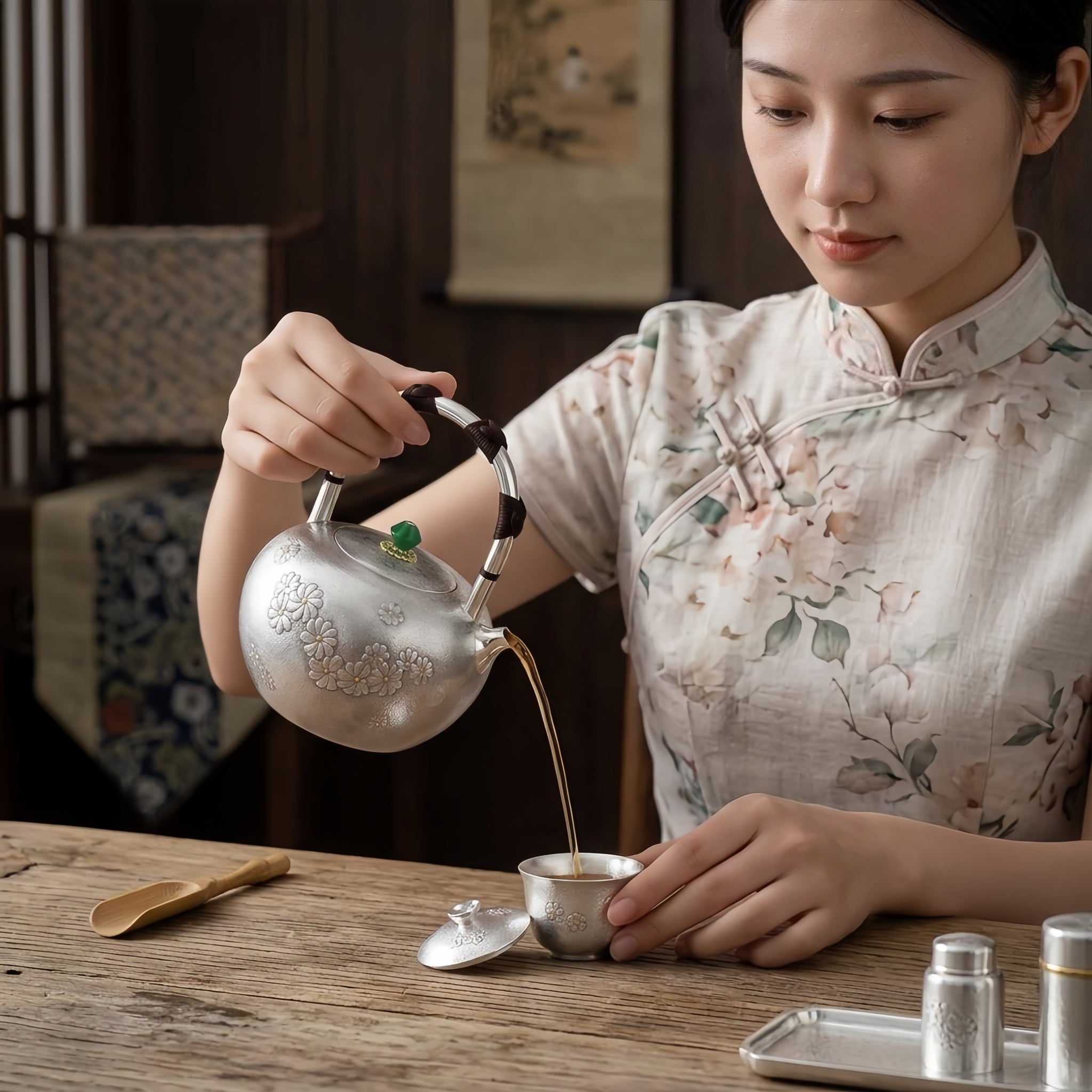 Pure 999 Fine Silver Handcrafted Sterling Silver Teapot with Floral Reliefs and Green Gemstone Knob - Handicraft