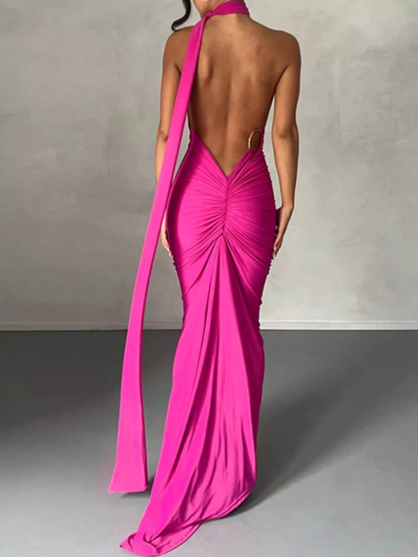 Backless One-Shoulder Ruched Bodycon Maxi Dress