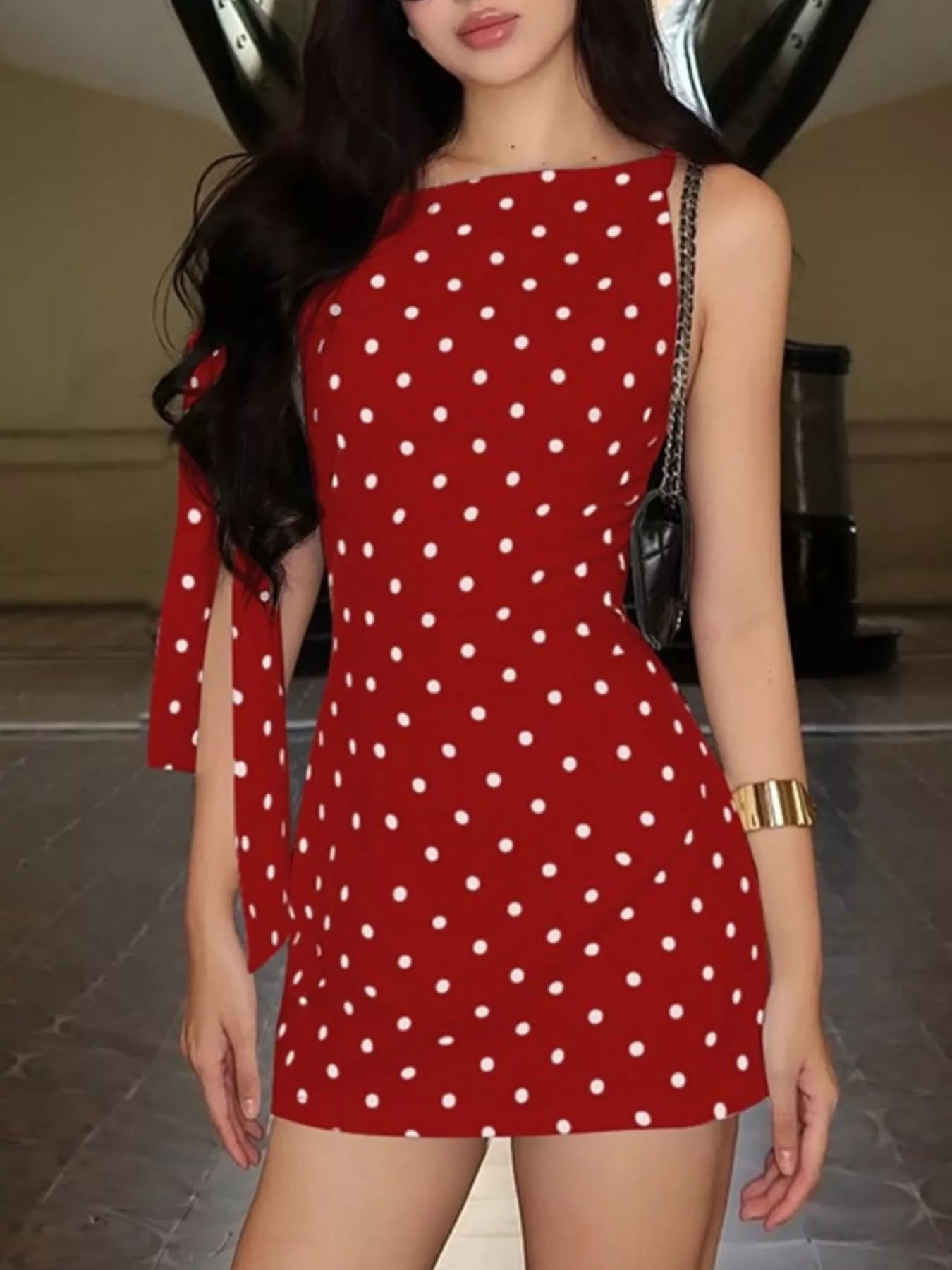 Polka Dot Sleeveless Mini Dress with Bow Accents