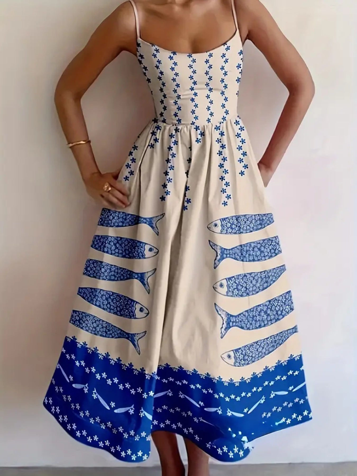 Sardine Print Spaghetti Strap Midi Dress