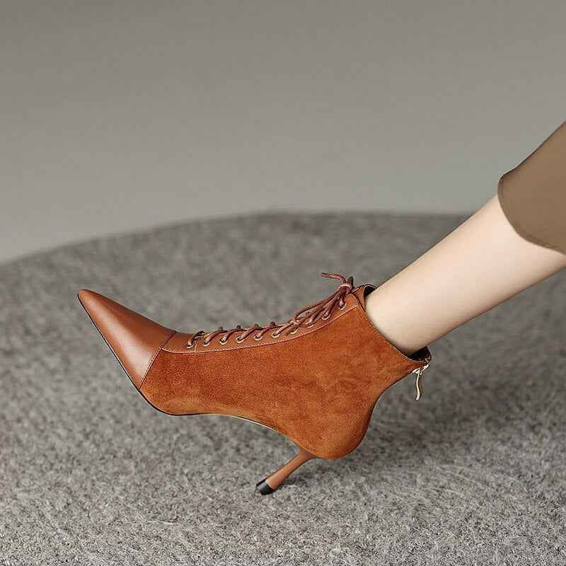 Mature Elegant Women Ankle Boots Pointed Toe Thin High Heels Female Office Genuine Leather Cross-Tied Shoes Woman